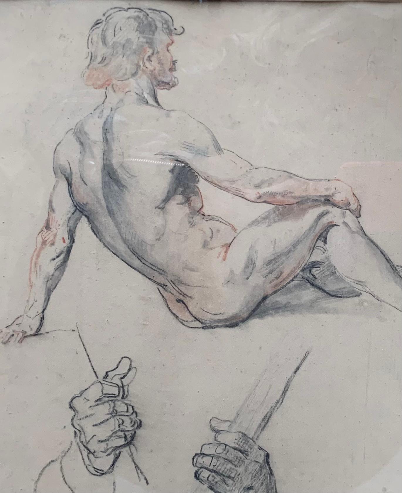 Anatomical study of the seated athletic man and his hands. 19th century 7