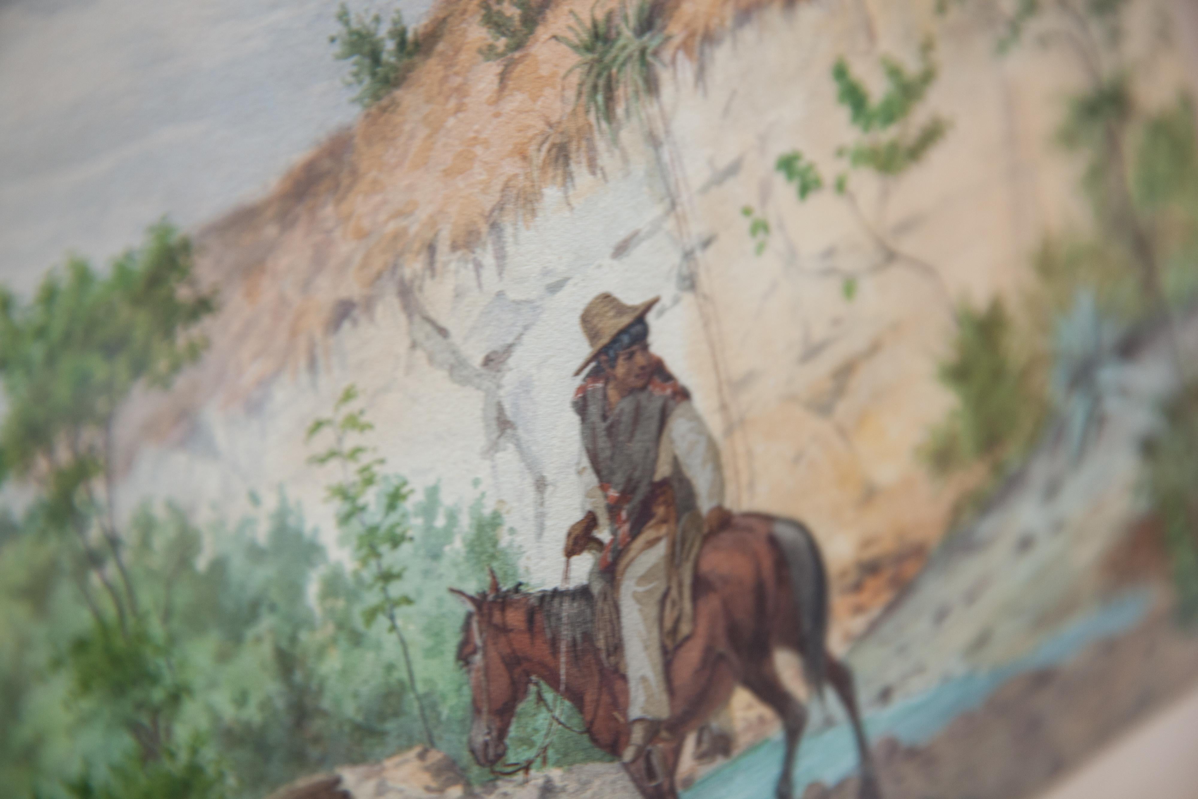 Garçon mexicain traversant un col de montagne à cheval avec une mule près de Veracruz, milieu du XIXe siècle.

Artiste : Johann S. Hegi (1834-1895), signé.

Technique : aquarelle et crayon sur papier

Dimensions : 33,5 cm x 28 cm avec cadre ; 24 cm
