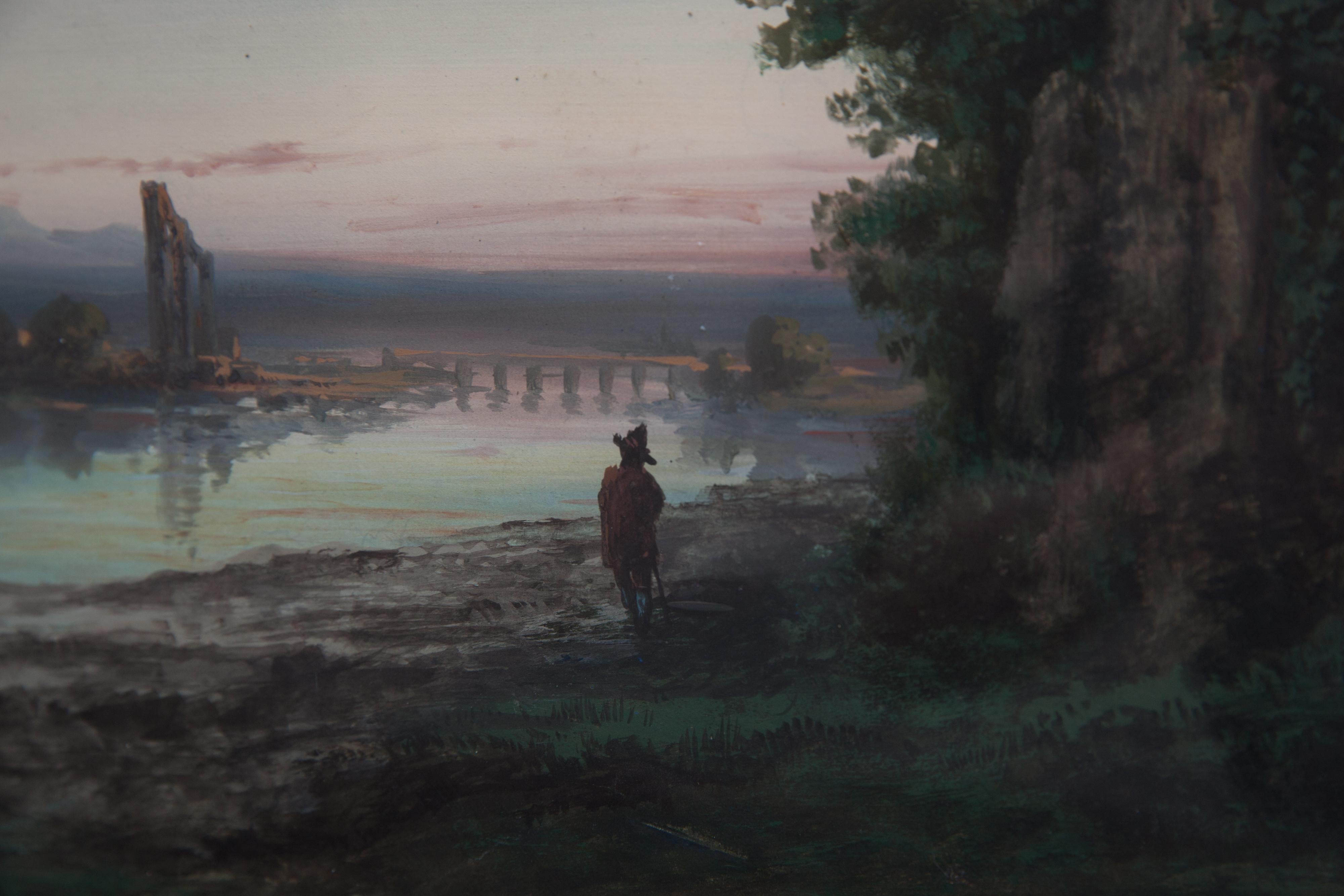 Landscape with Ciociaria Shepherd, the Bridge over the Tiber river and Ruins. For Sale 1