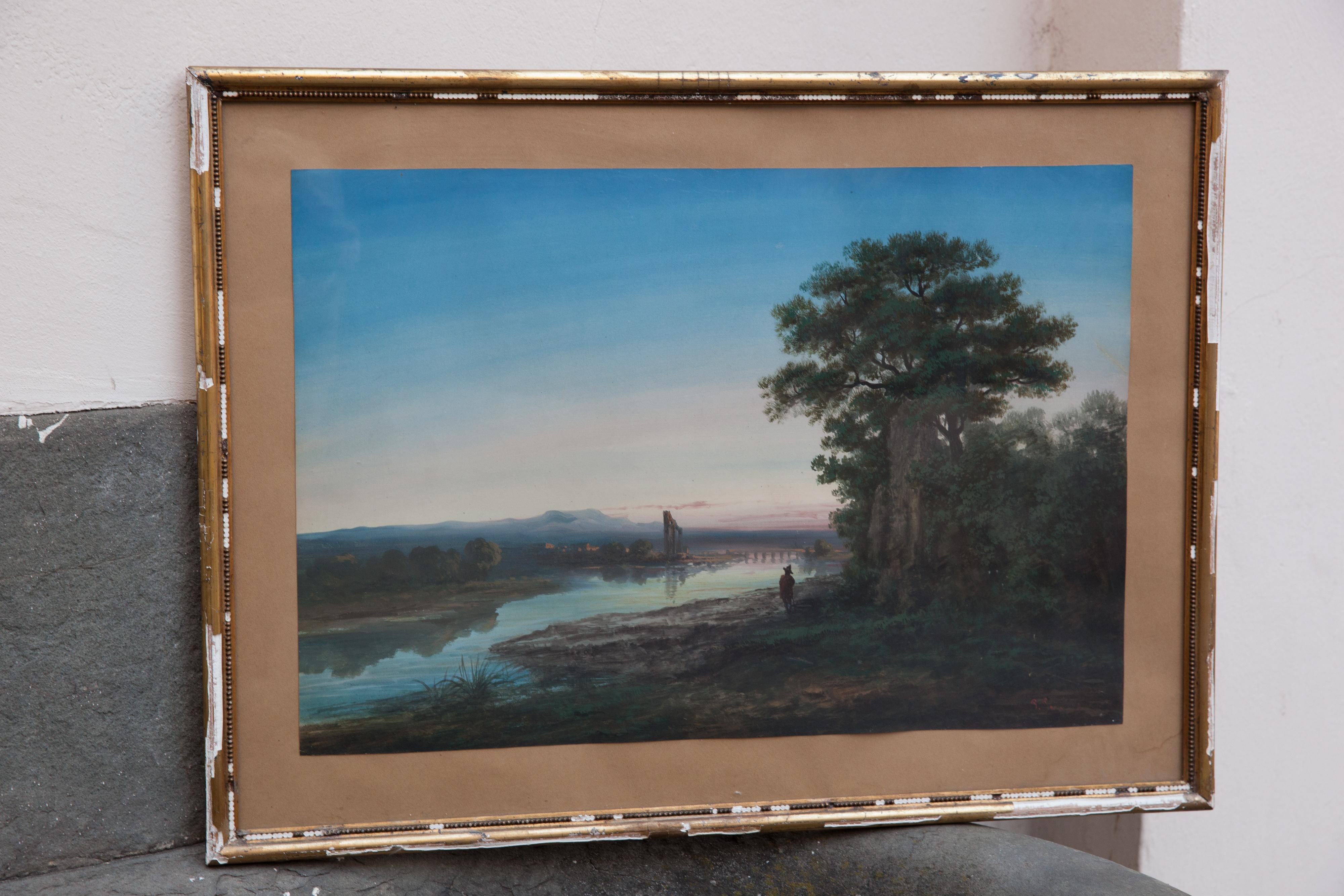 Landschaft mit Ciociaria-Hirten, der Tiberbrücke und Ruinen. – Painting von Paul Pascal