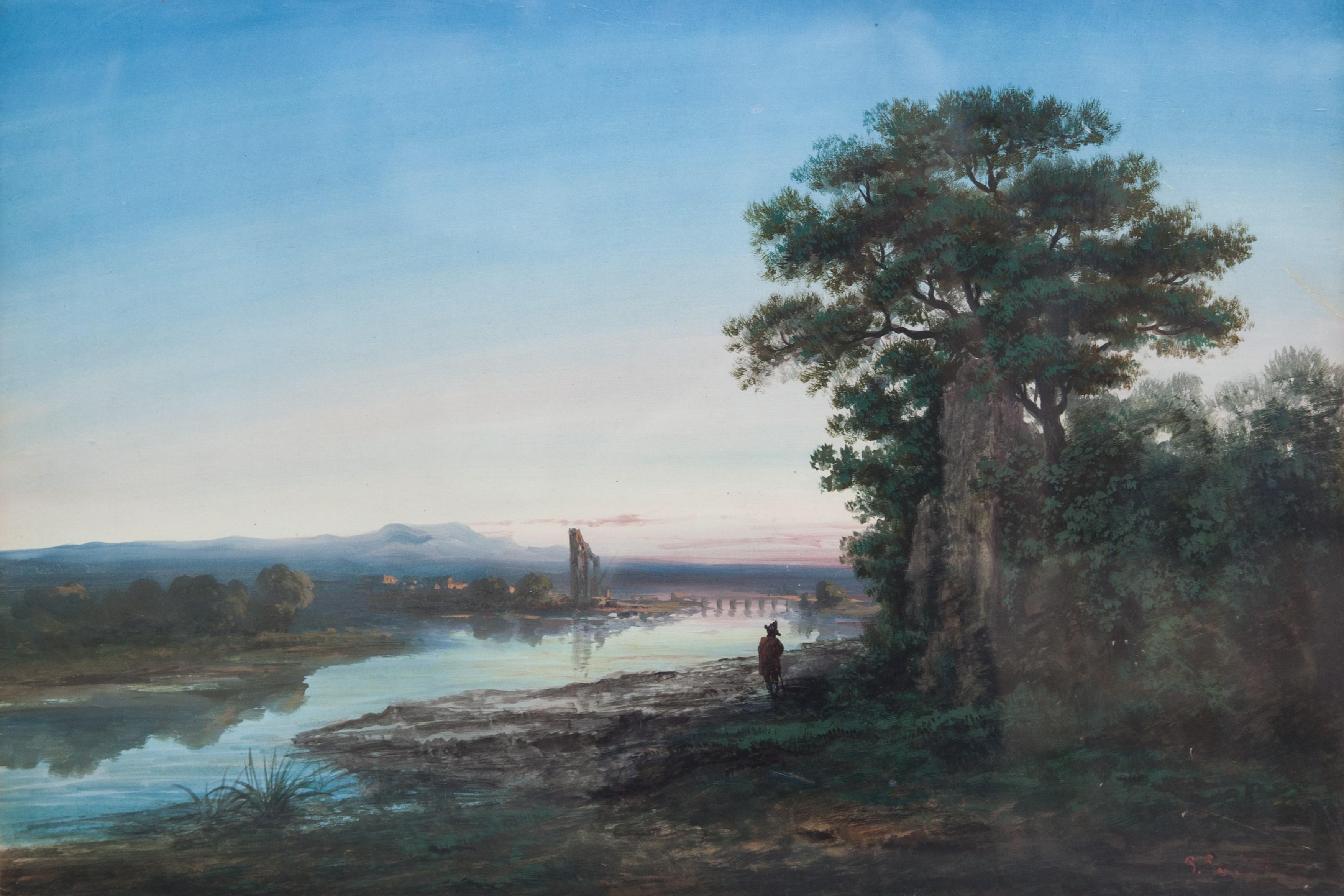 Paul Pascal Landscape Painting - Landscape with Ciociaria Shepherd, the Bridge over the Tiber river and Ruins.