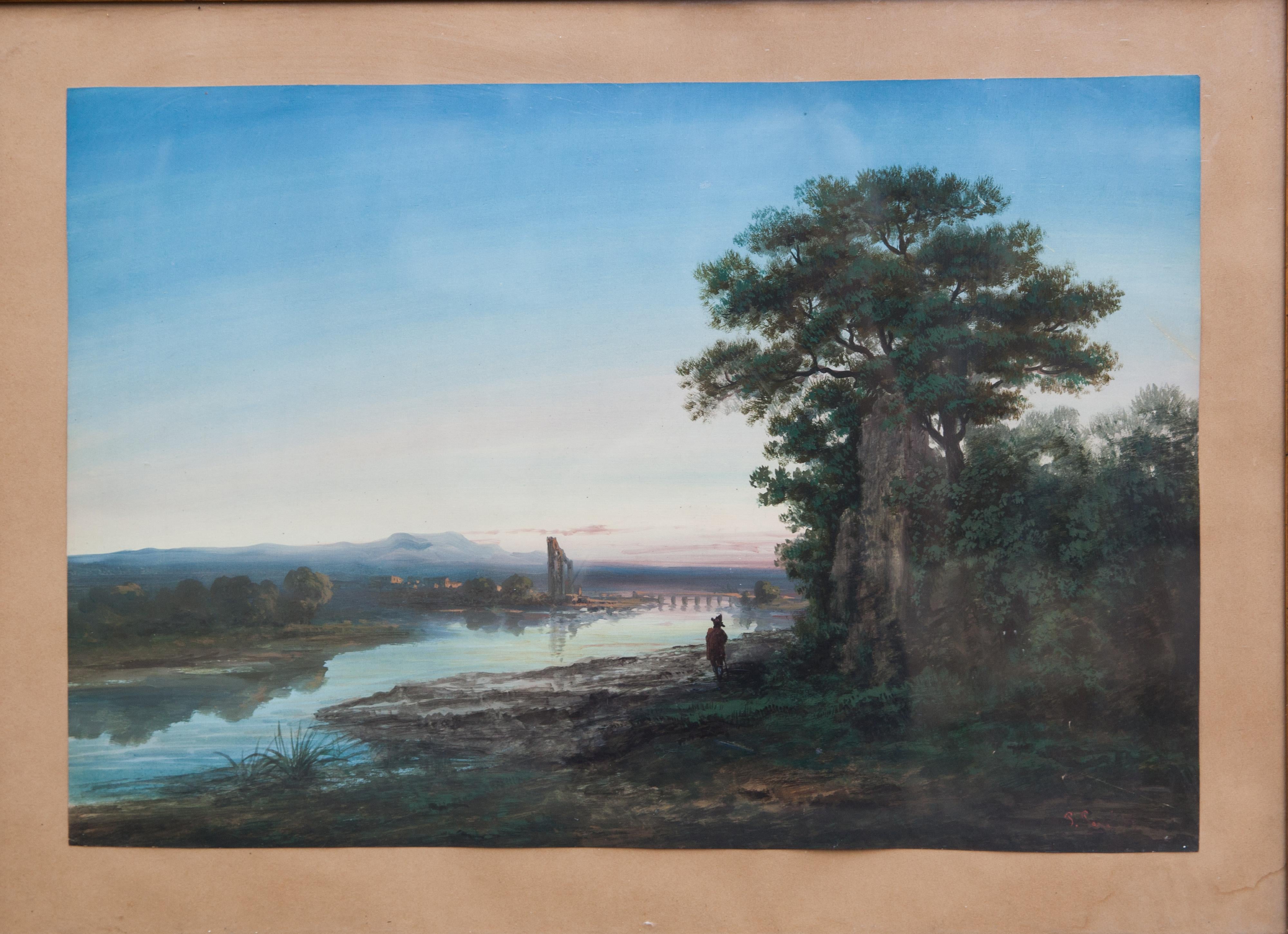 Landscape with Ciociaria Shepherd, the Bridge over the Tiber river and Ruins. For Sale 6