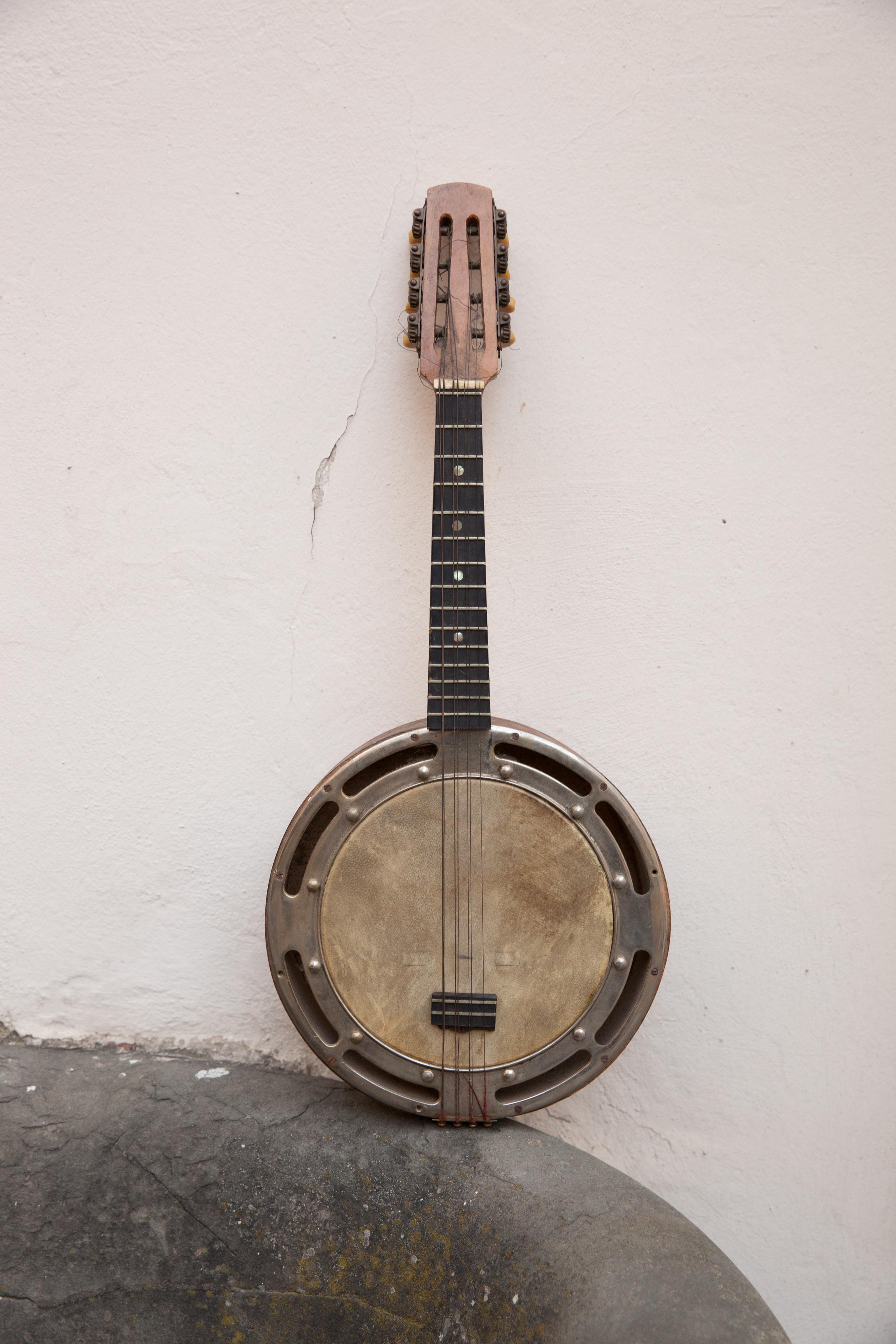 A Banjo. Art Deco Era Musical Instrument With Wood Inlay. Achille Jacomoni. For Sale 2