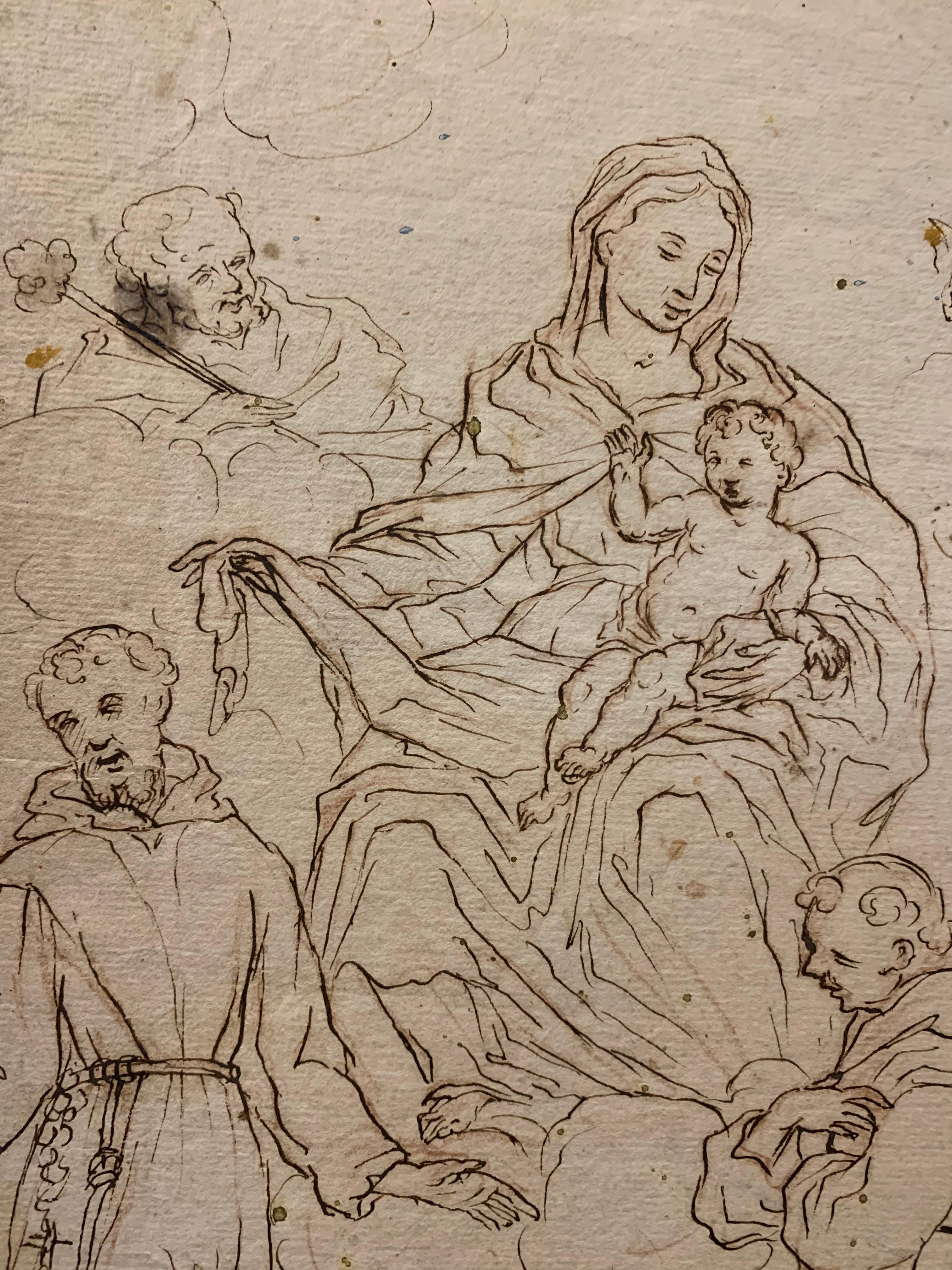 XVII/XVIII century drawing. Madonna with child, St. Francis, St. Antony of Padua 6