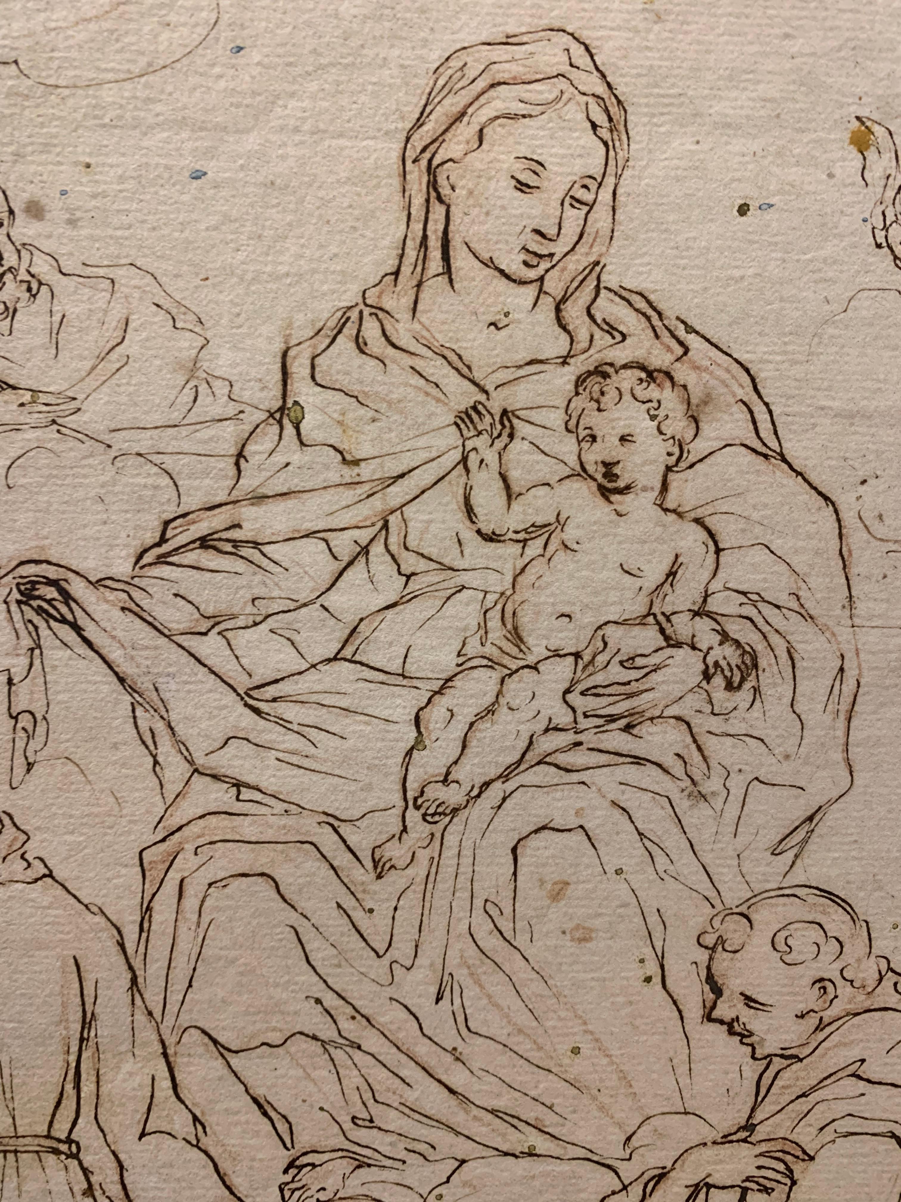 Vierge à l'enfant, saint François, saint Antoine et d'autres saints franciscains, XVIIe-XVIIIe siècle, dessin ancien, école d'Italie centrale.

Description : 