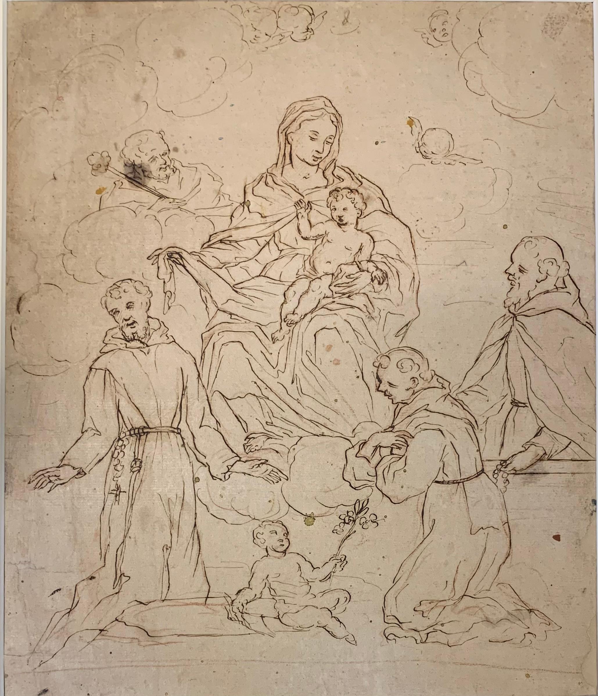 XVII/XVIII century drawing. Madonna with child, St. Francis, St. Antony of Padua 11
