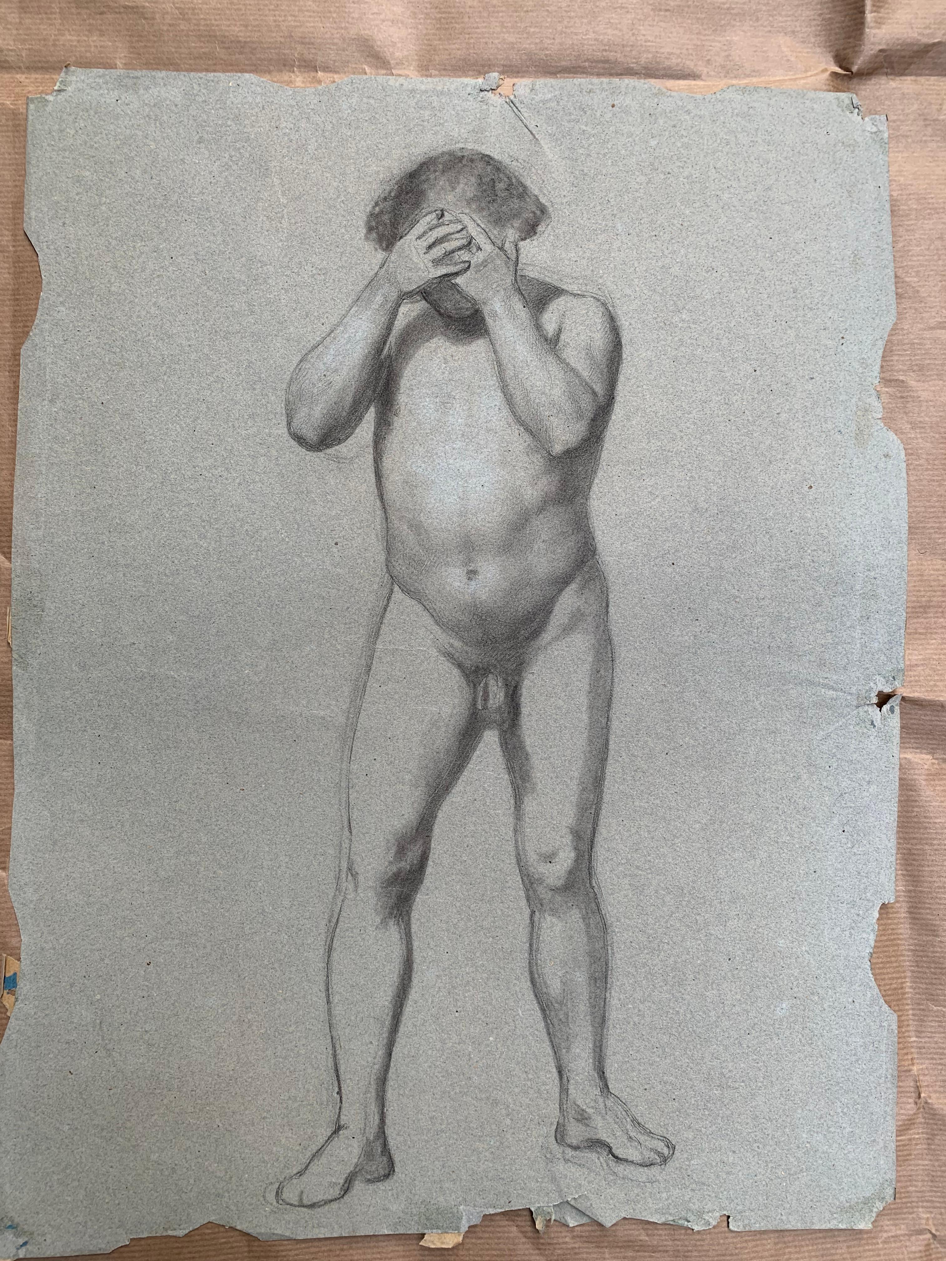 Preparatory anatomical study for the figure of a man with hands on his face. For Sale 6