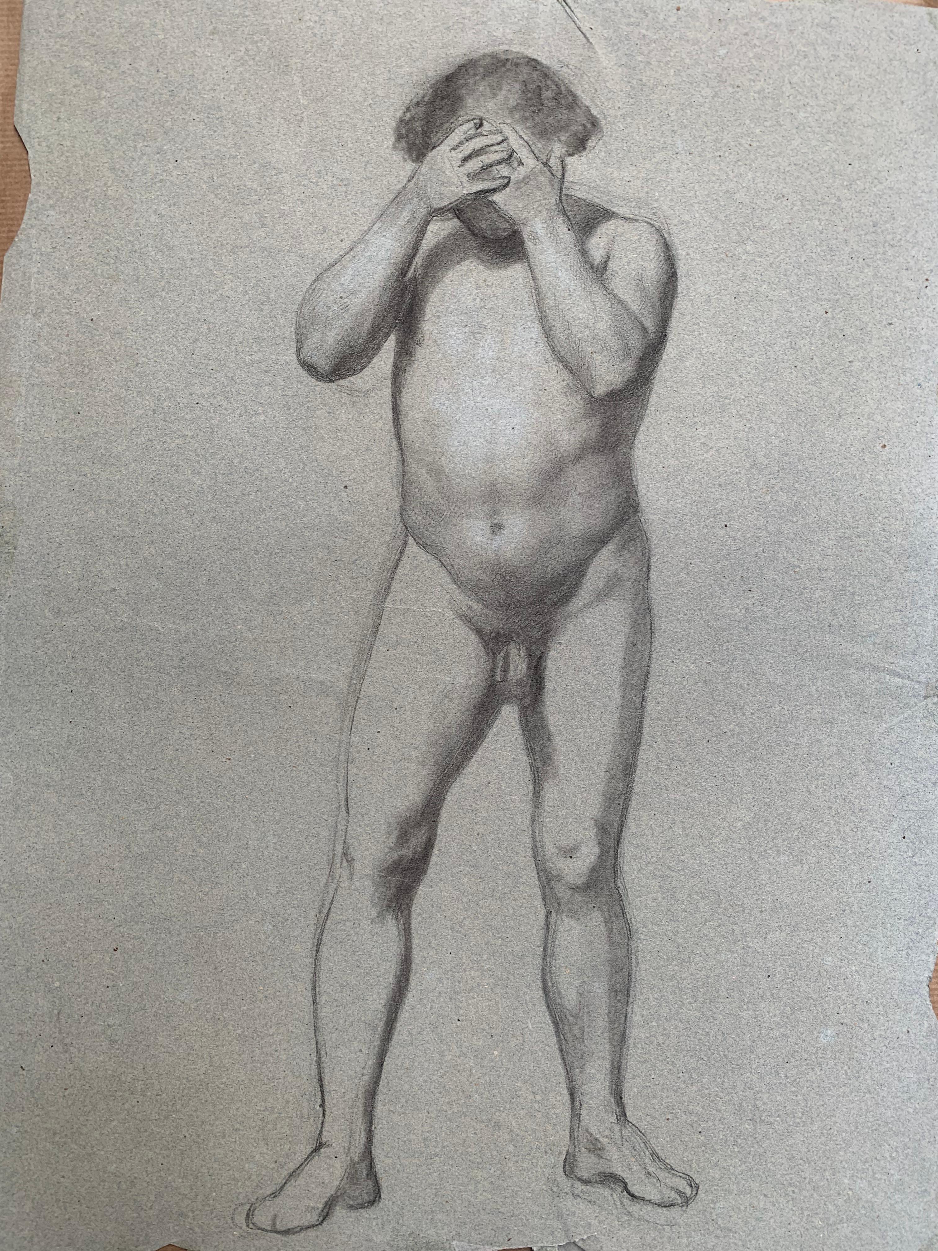 Preparatory anatomical study for the figure of a man with hands on his face. For Sale 5
