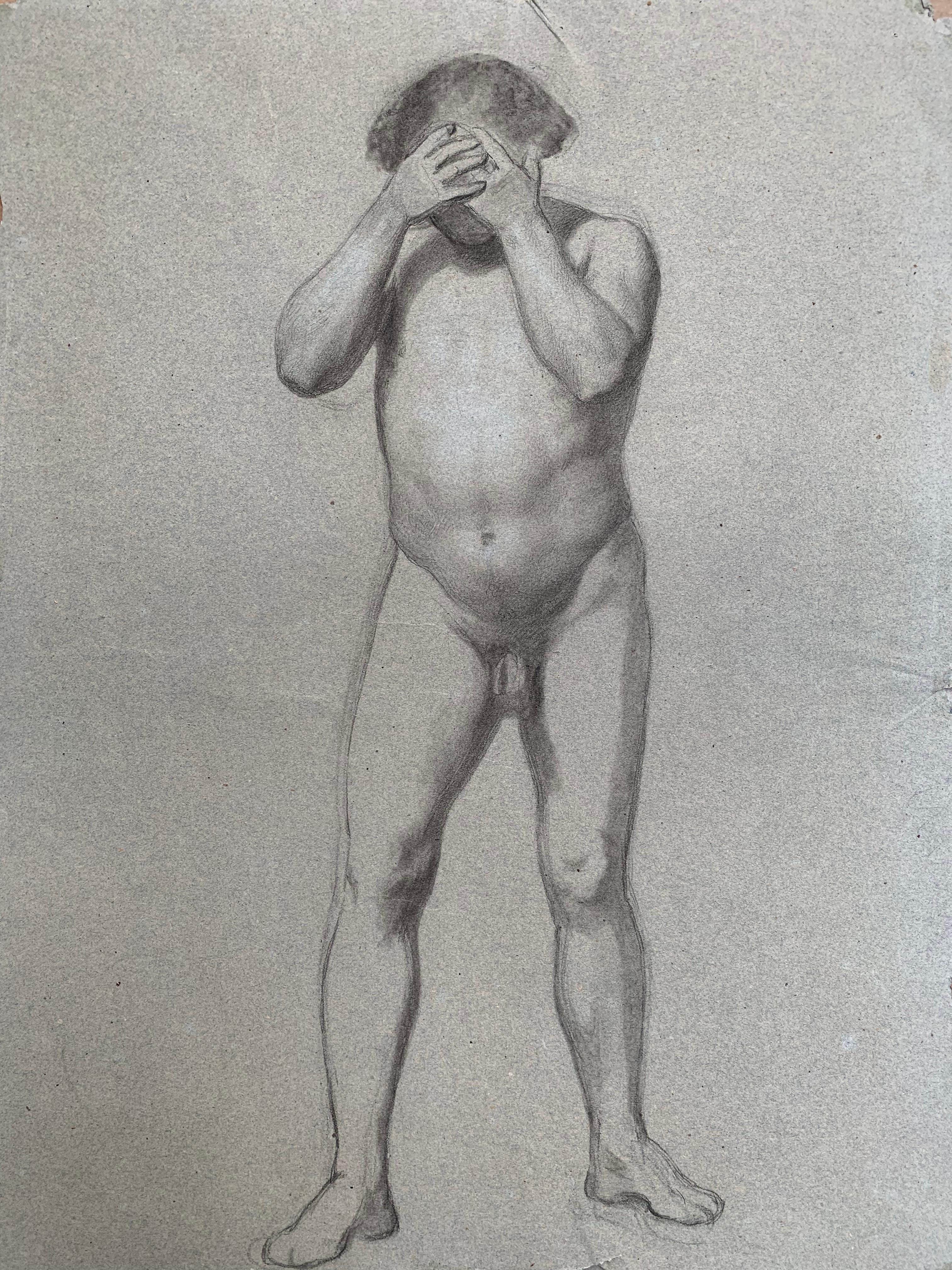 Preparatory anatomical study for the figure of a man with hands on his face. For Sale 7