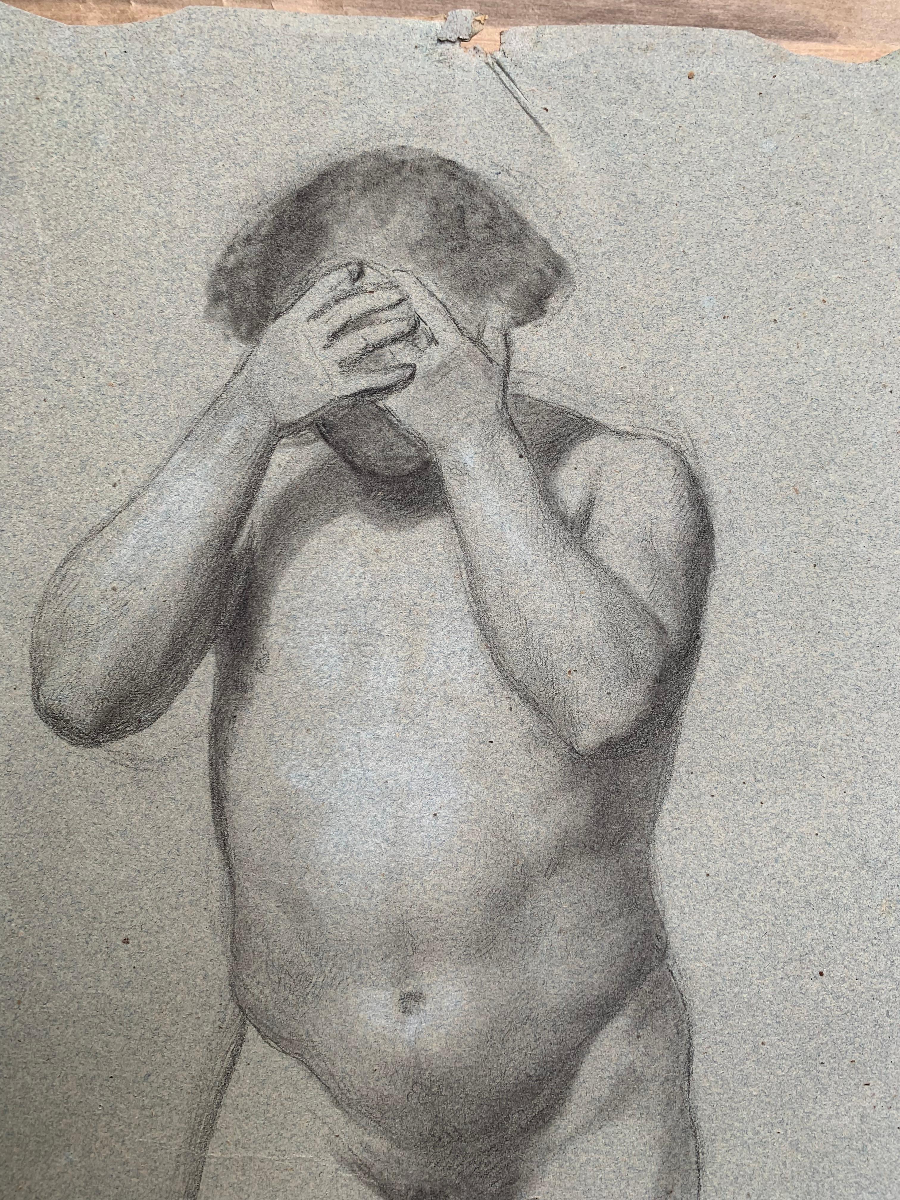Preparatory anatomical study for the figure of a man with hands on his face. For Sale 1