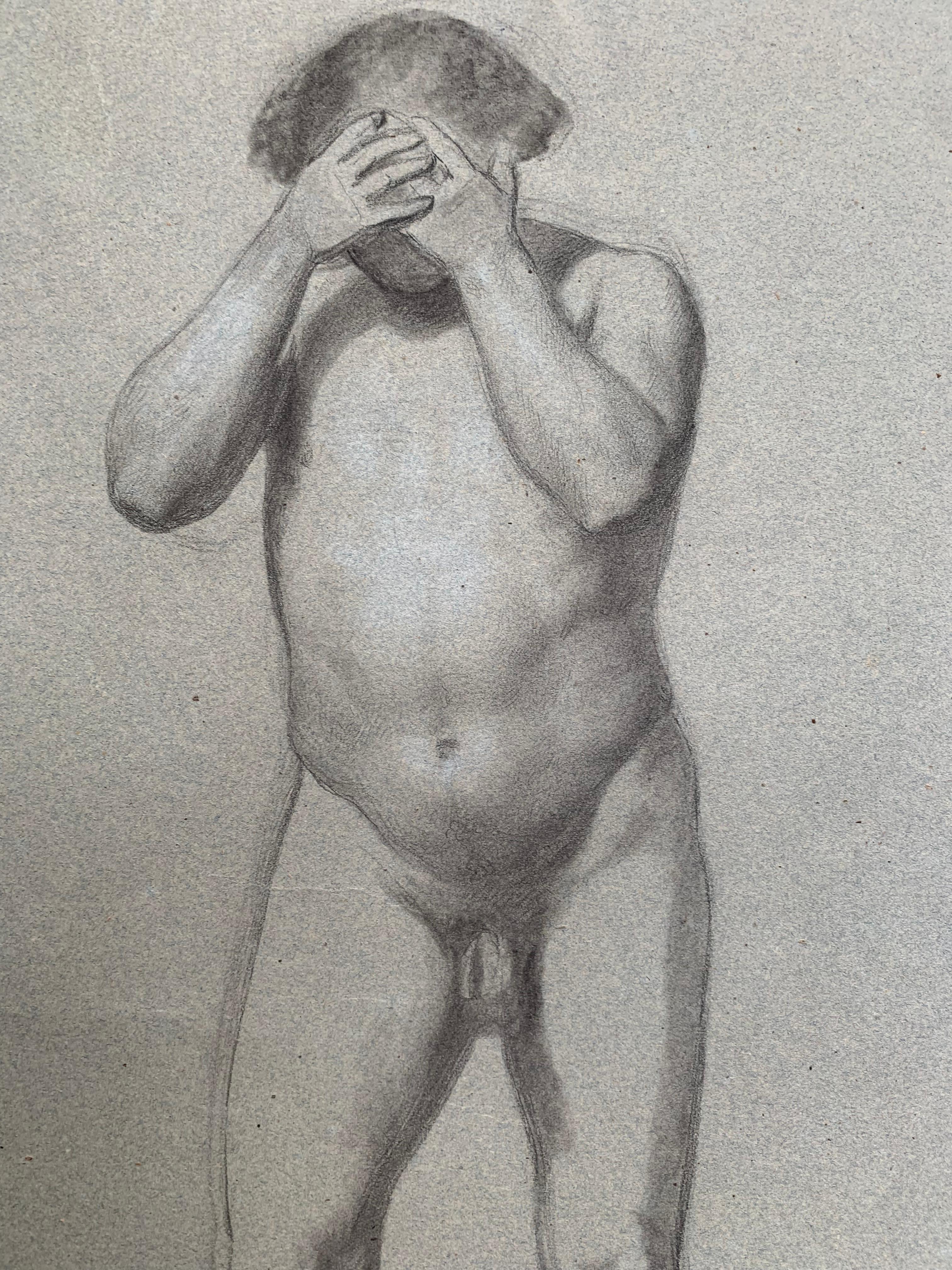 Preparatory anatomical study for the figure of a man with hands on his face. For Sale 8