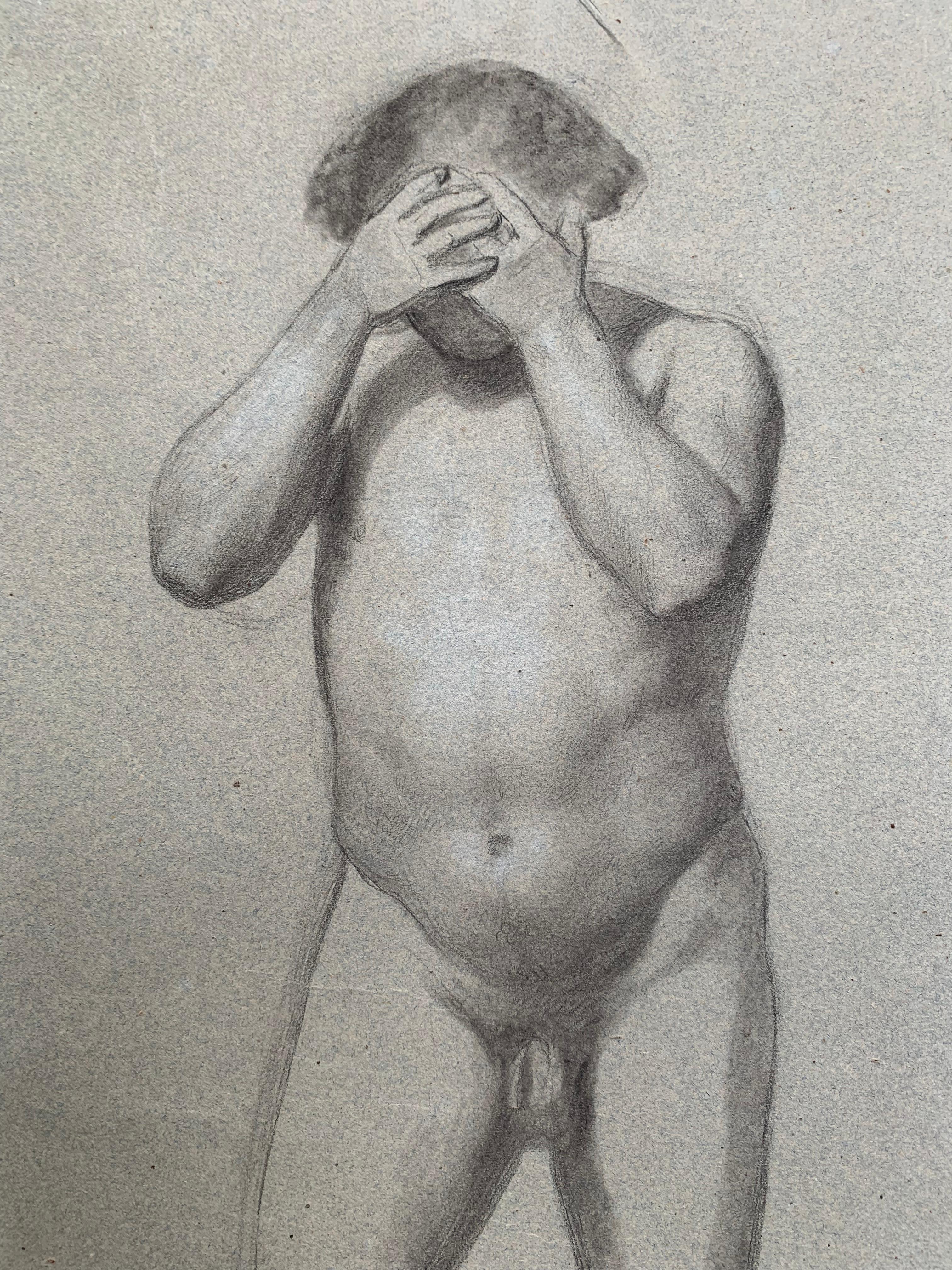 Preparatory anatomical study for the figure of a man with hands on his face. For Sale 2