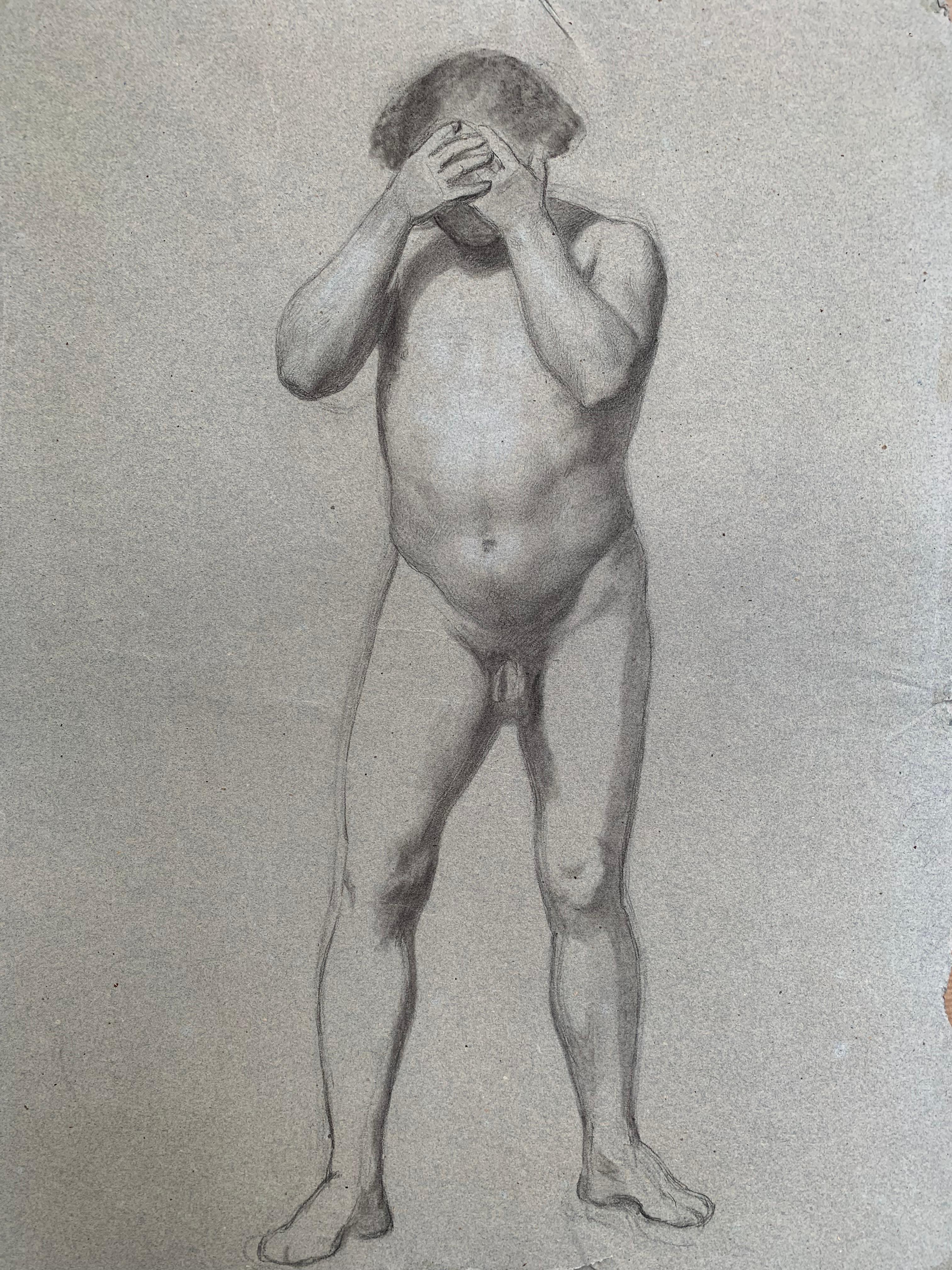 Enrico Reffo Nude – Vorbereitende anatomische Studie für die Figur eines Mannes mit Händen im Gesicht.