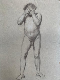 Antique Preparatory anatomical study for the figure of a man with hands on his face.