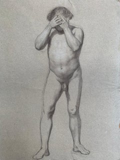 Preparatory anatomical study for the figure of a man with hands on his face.