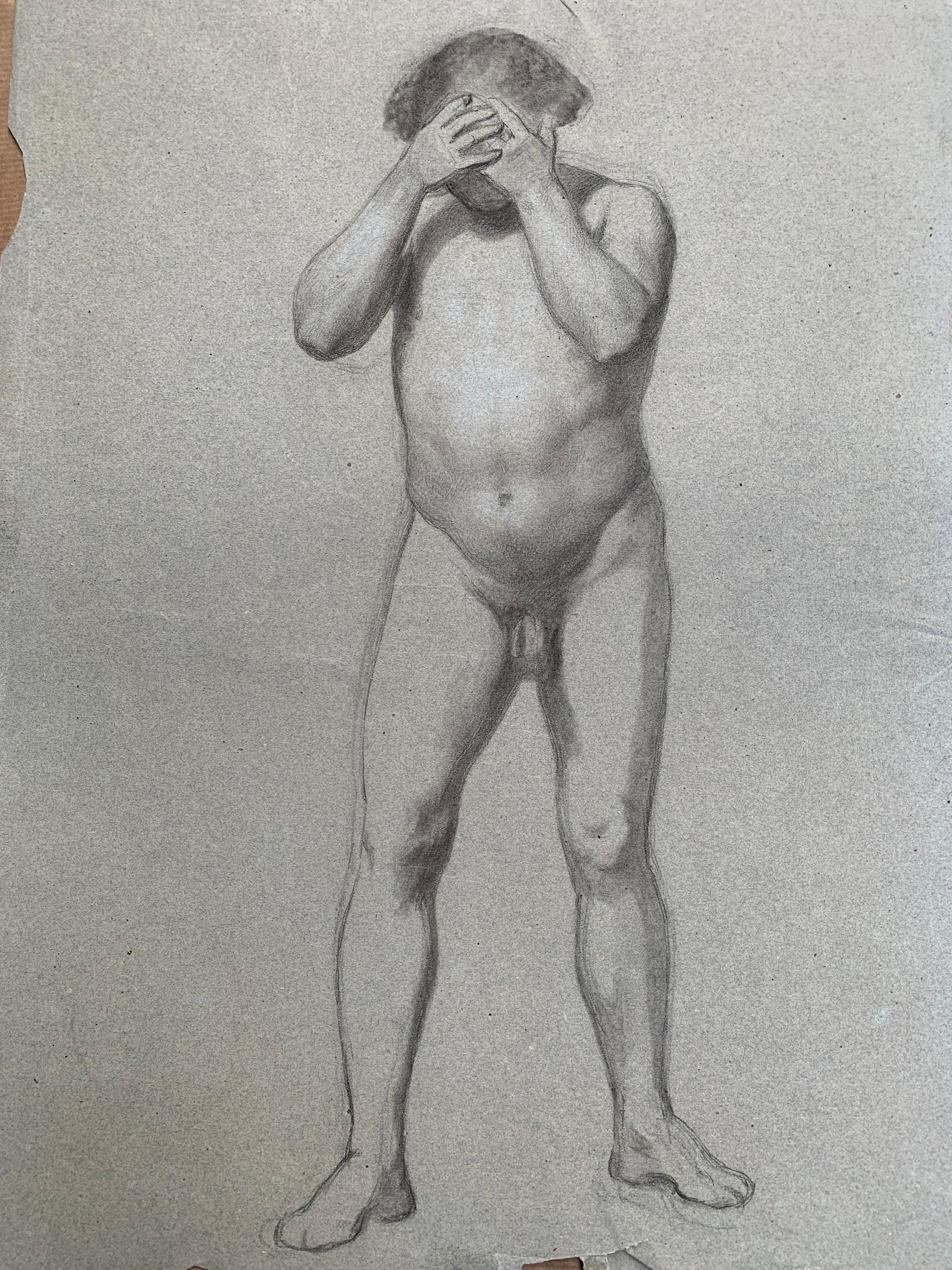 Preparatory anatomical study for the figure of a man with hands on his face. For Sale 3