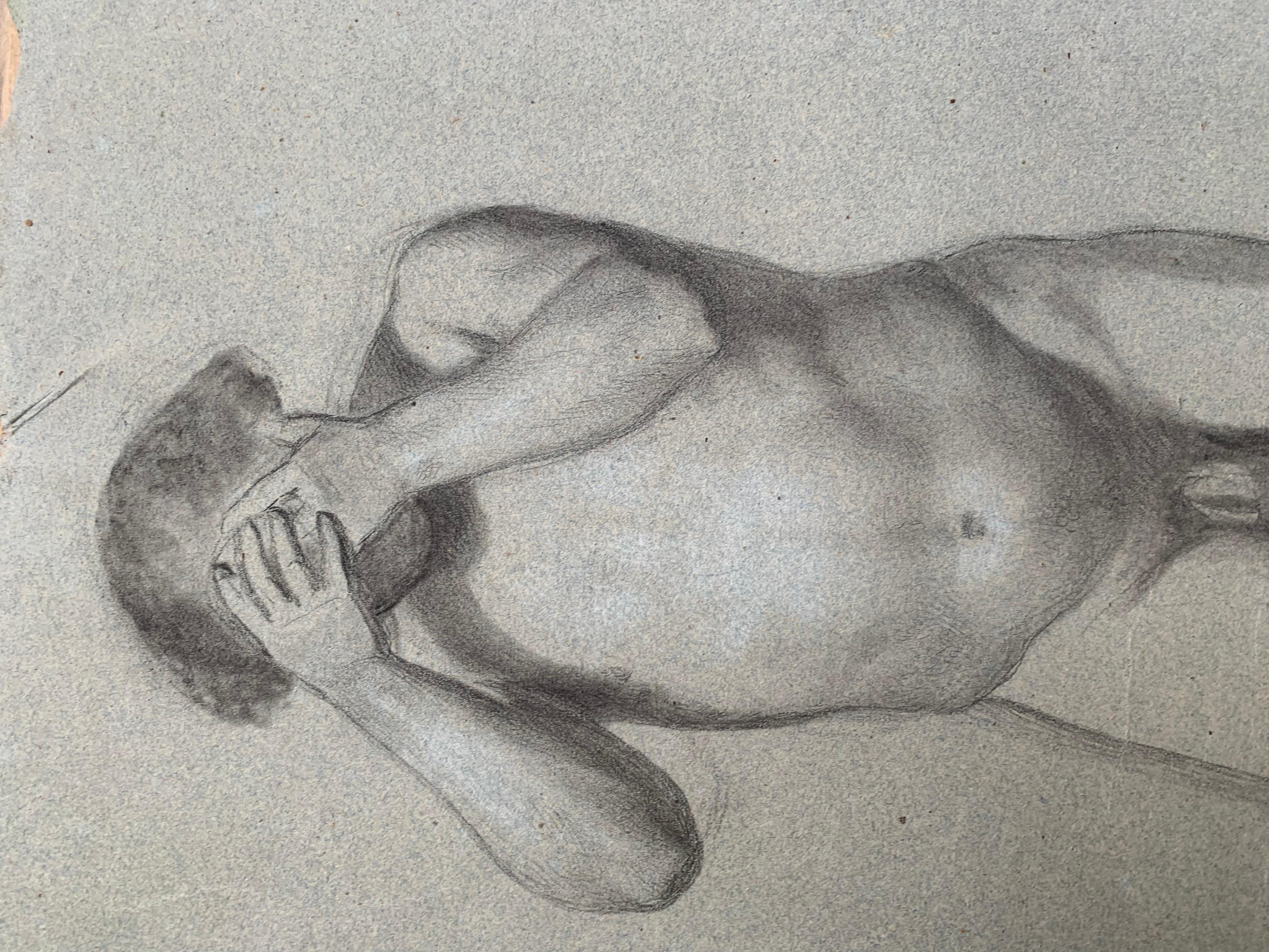 Preparatory anatomical study for the figure of a man with hands on his face.
Drawing of a medium-sized male nude.
From the 19th century
Drawing on slightly greyish colored paper.
In good condition. Irregular margins with application marks on support