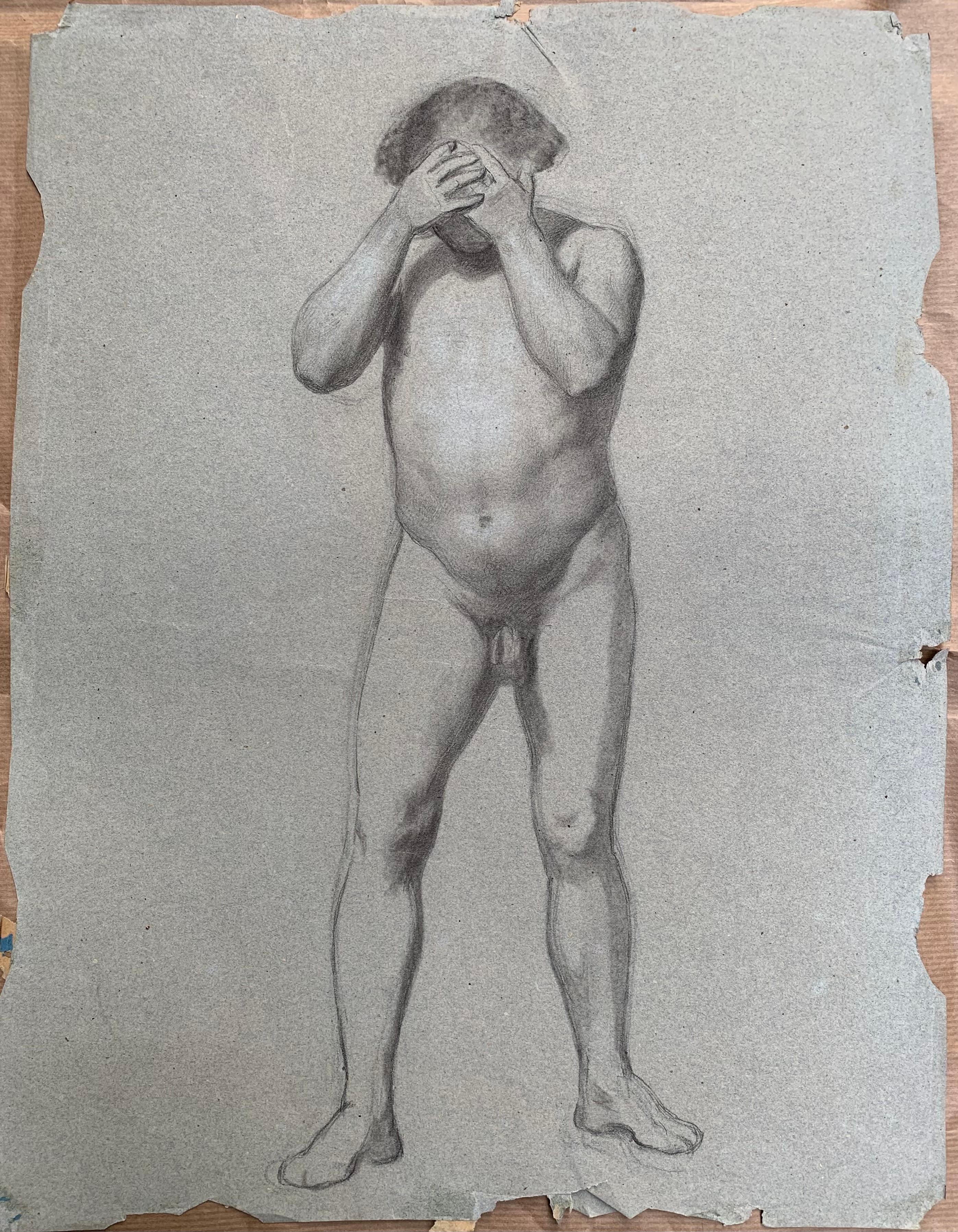 Preparatory anatomical study for the figure of a man with hands on his face. For Sale 10