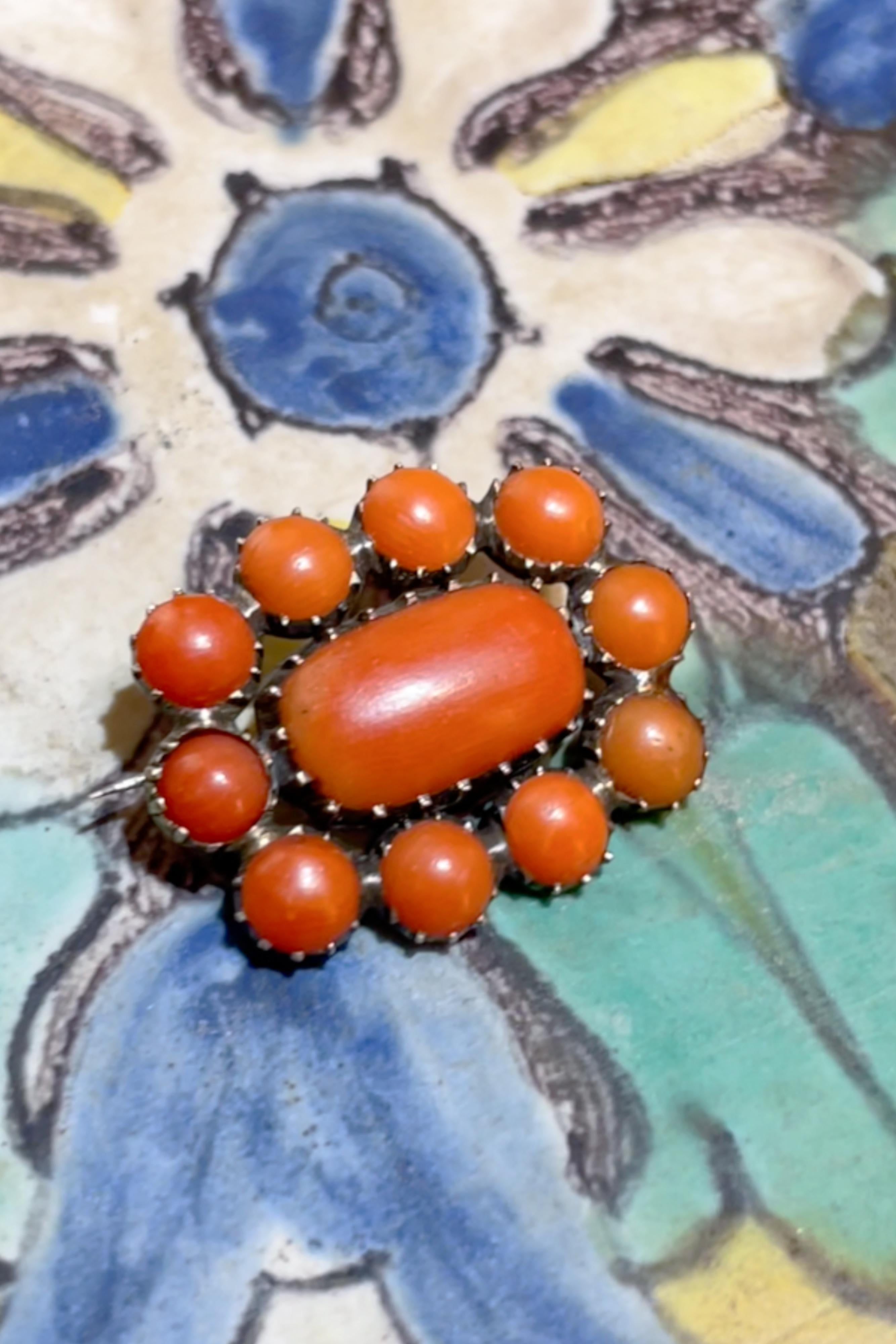 Early 19th century Georgian era English Coral and Gold Brooch. For Sale 2
