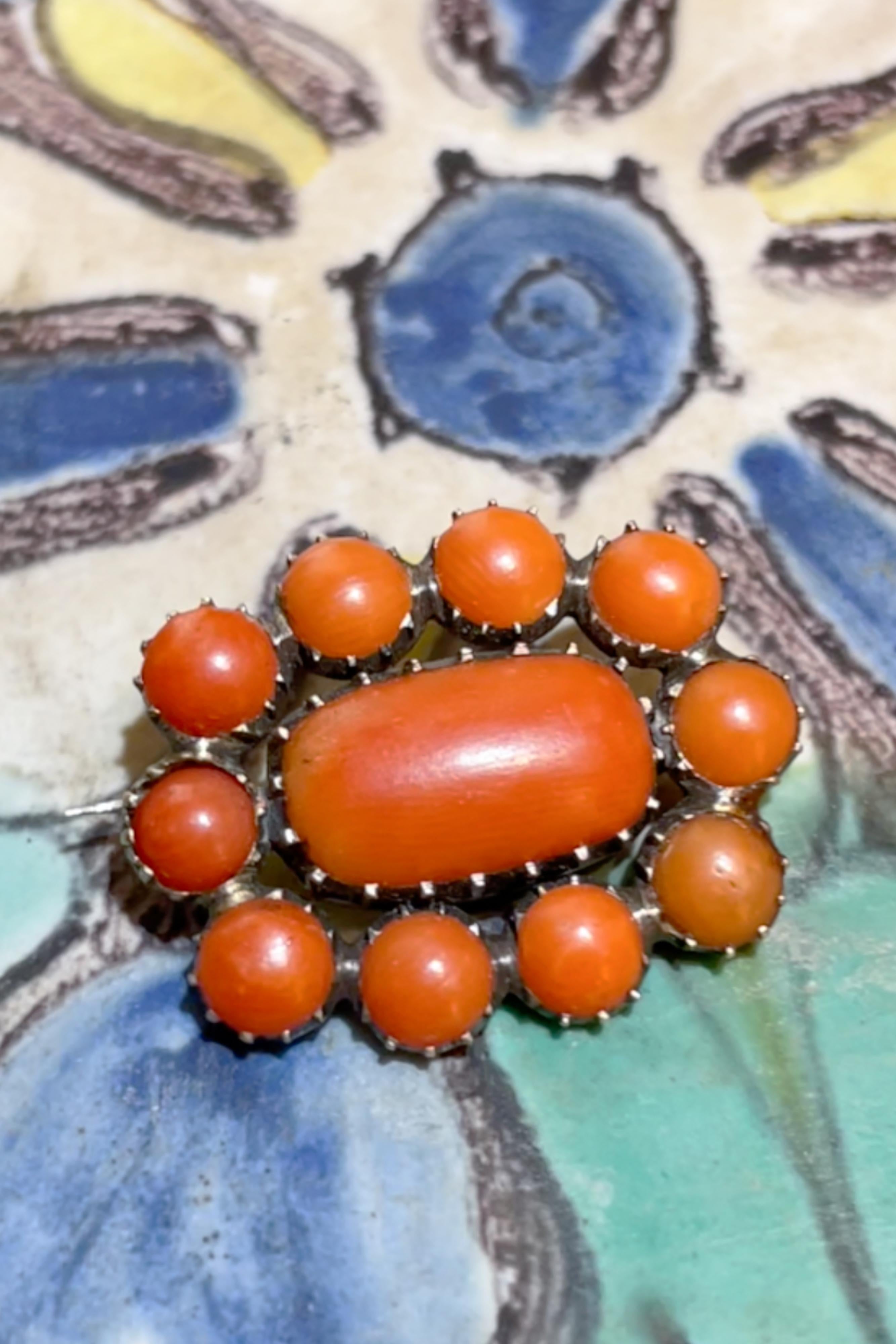 Early 19th century Georgian era English Coral and Gold Brooch. For Sale 8