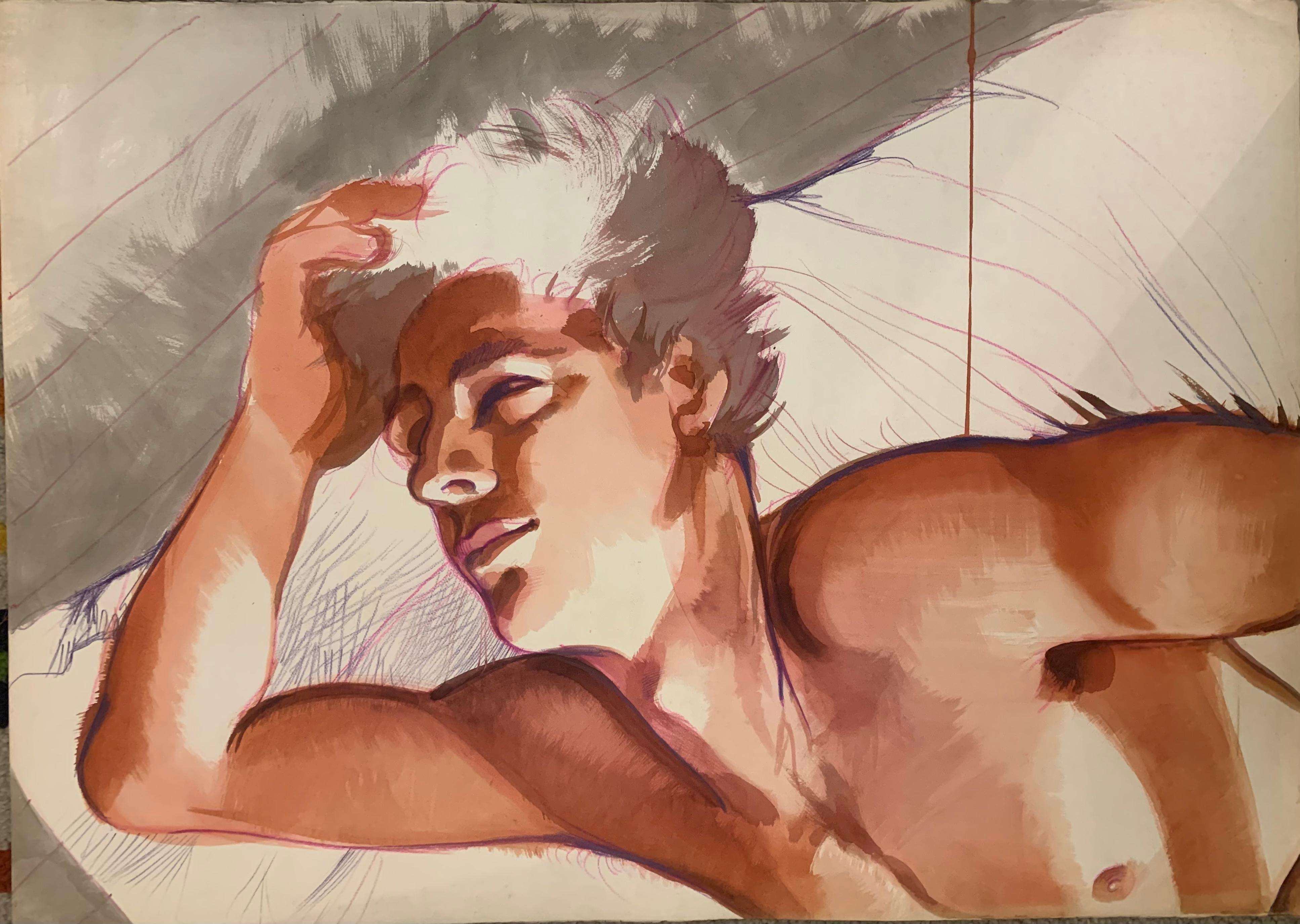 After waking up. Daydreaming. Large graphic painting of young male nude.  For Sale 6
