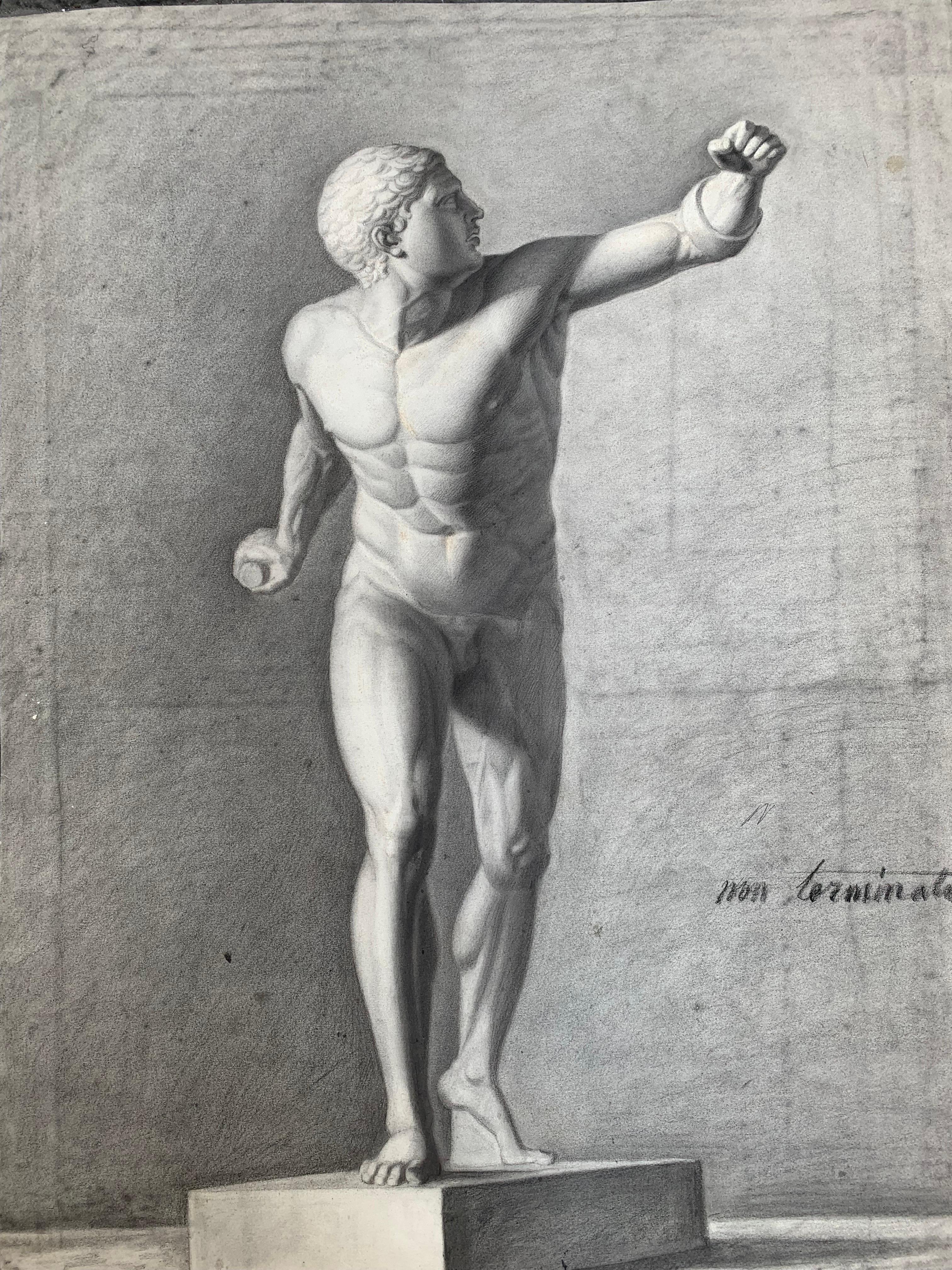 Gladiator from Borghese Gallery. 
Mid XIX century academic drawing.

Black charcoal on paper.

Dimensions : cm 65 x cm 48

Statue of a gladiator from the Borghese Gallery.

Excellent conservation conditions. 

This drawing represents one of the many