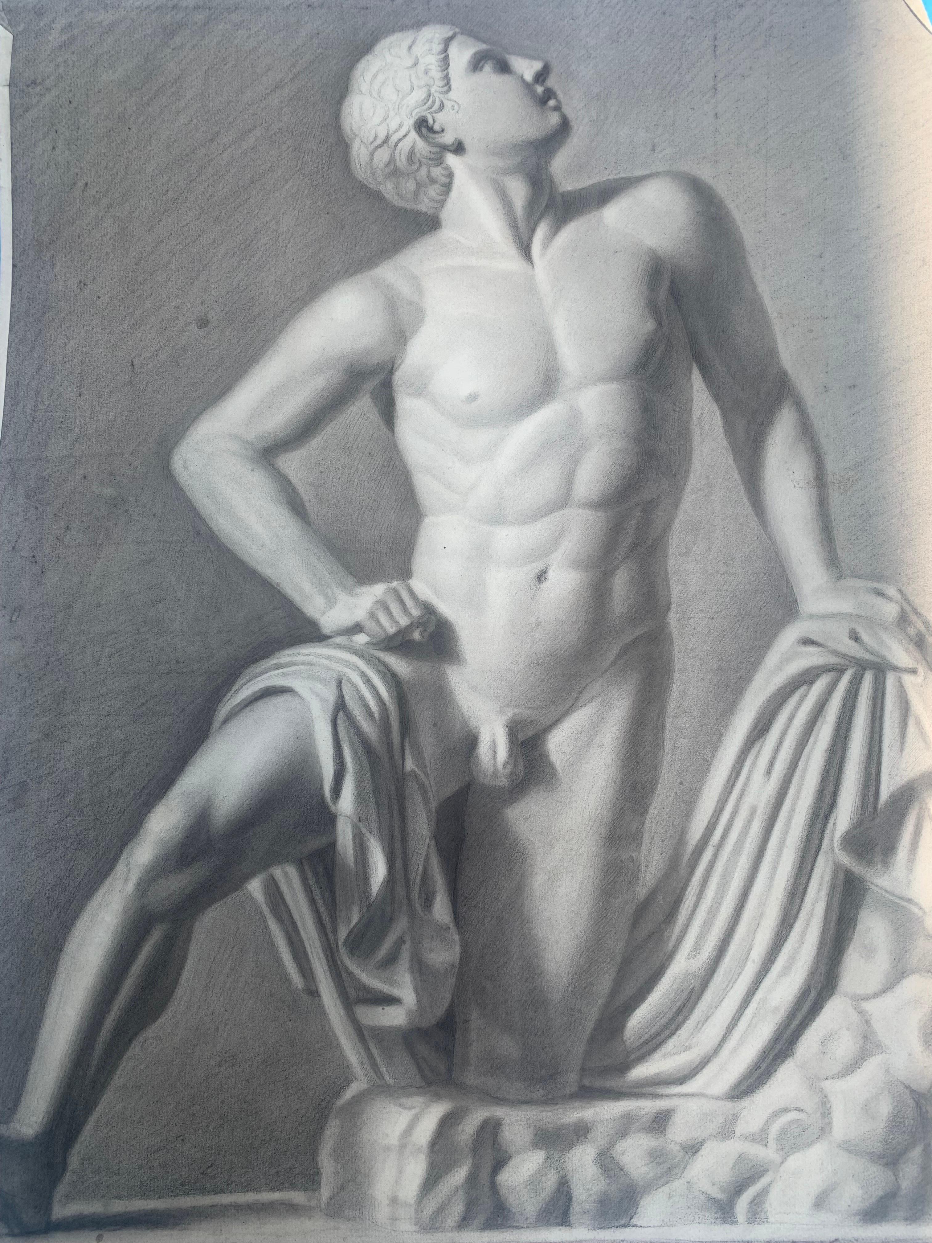 Un hijo de Niobe. Dibujo académico italiano. Siglo XIX. - Figurative Art Gris de Unknown