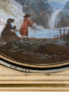Gouache Monogrammed LM, Dated 1784: Landscape with Waterfall and Fisherman