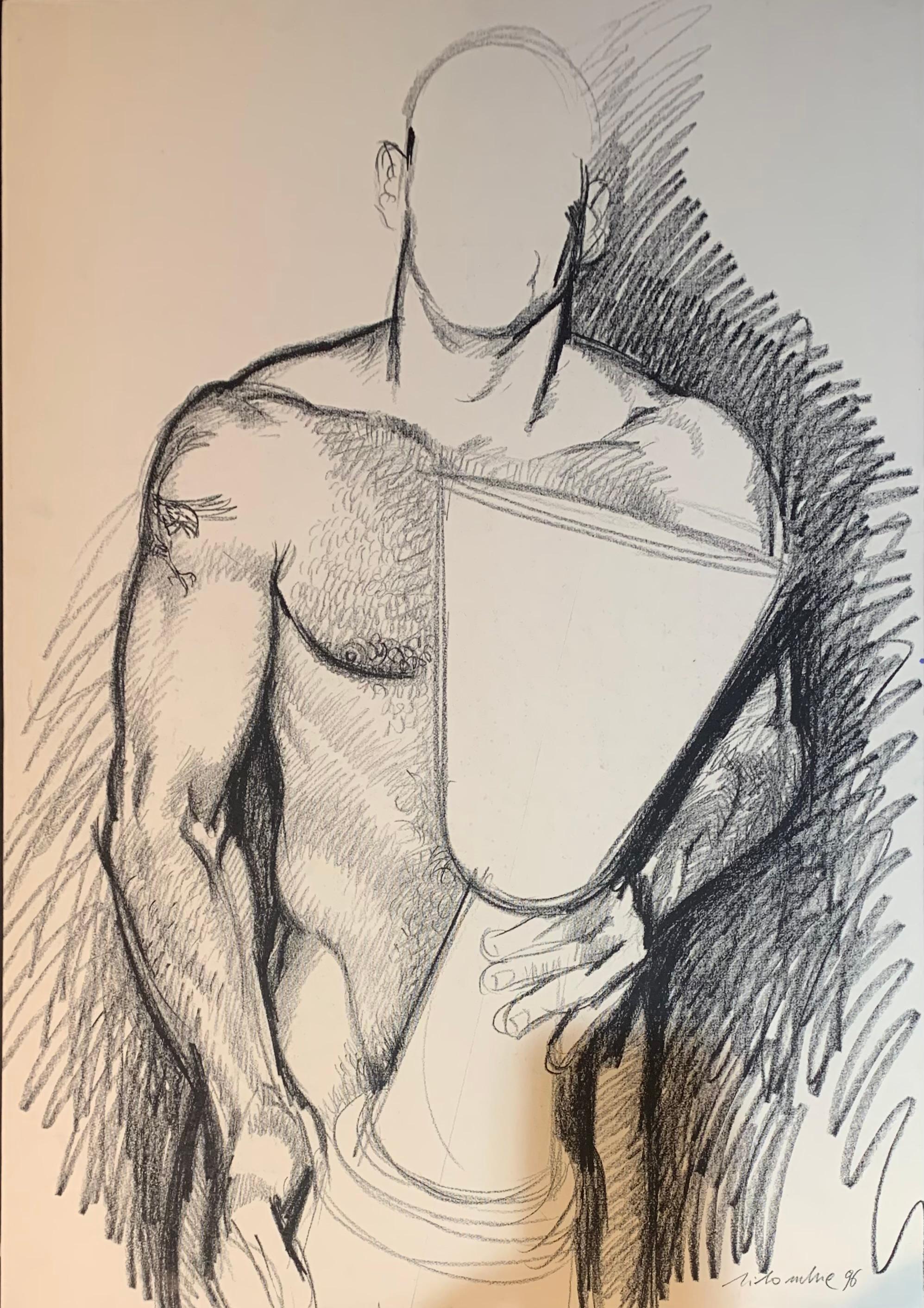 Gianluca Vialli - Captain of Juventus with UEFA Champions League trophy 1994-95 - Beige Nude Painting by Marco Silombria 