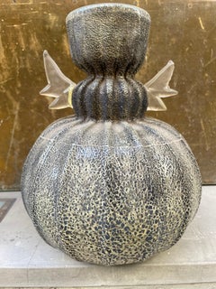 Artistic Iridescent Glass Vase with Leaf-Shaped Handles. Italy, circa 1960-80