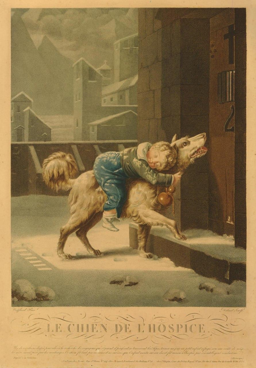 Saint Bernard récupérant un enfant dans la neige Travail de perles. Broderie. XIXe siècle en vente 9