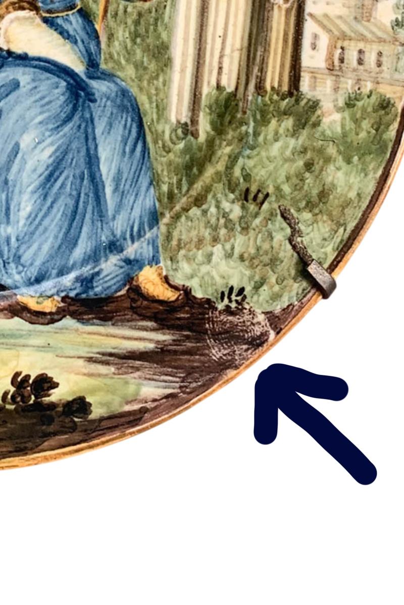Maiolica Plate by Castelli. Young woman with spindle with classical ruins. im Angebot 5