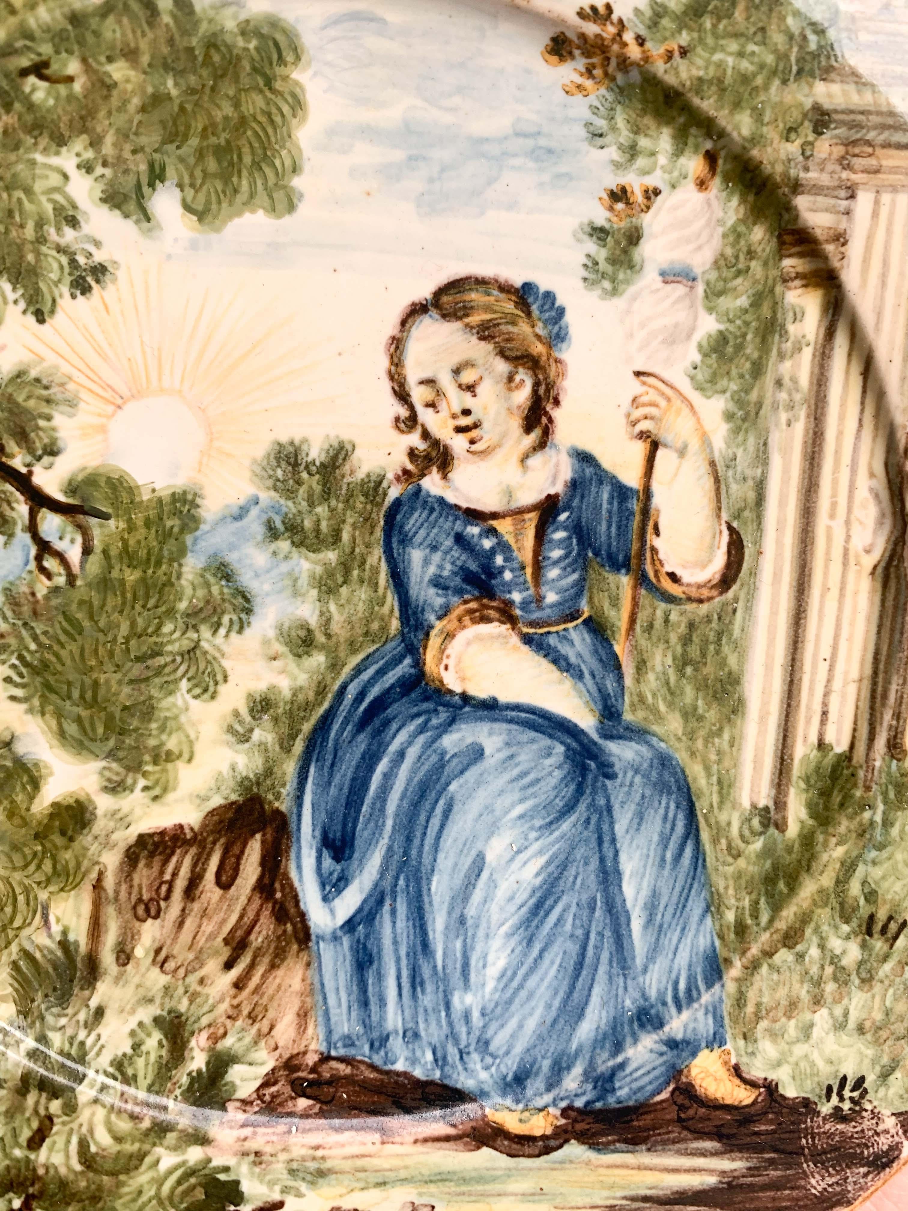 Maiolica Plate by Castelli. Young woman with spindle with classical ruins. im Angebot 3
