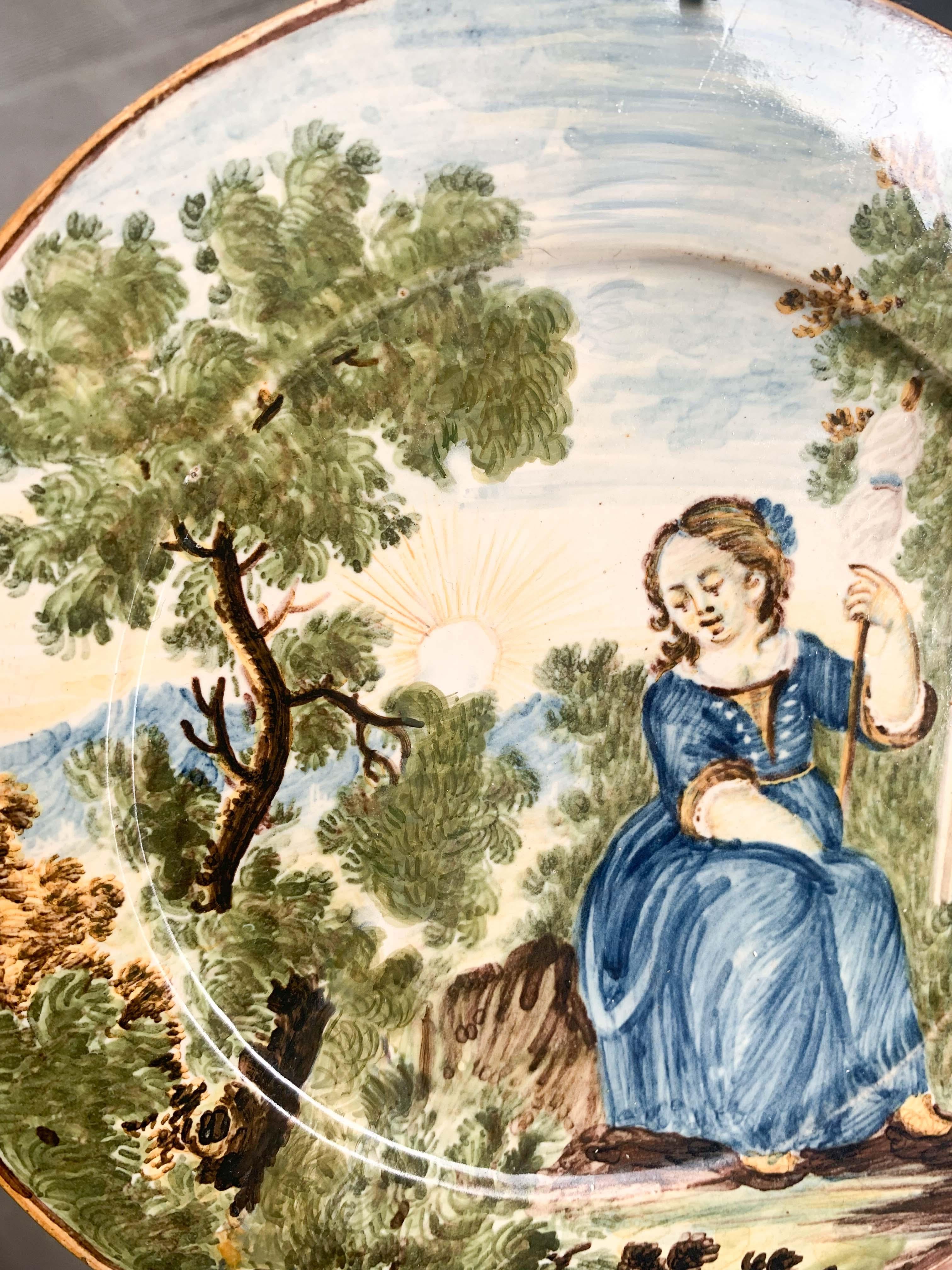 Maiolica Plate by Castelli. Young woman with spindle with classical ruins. im Angebot 4