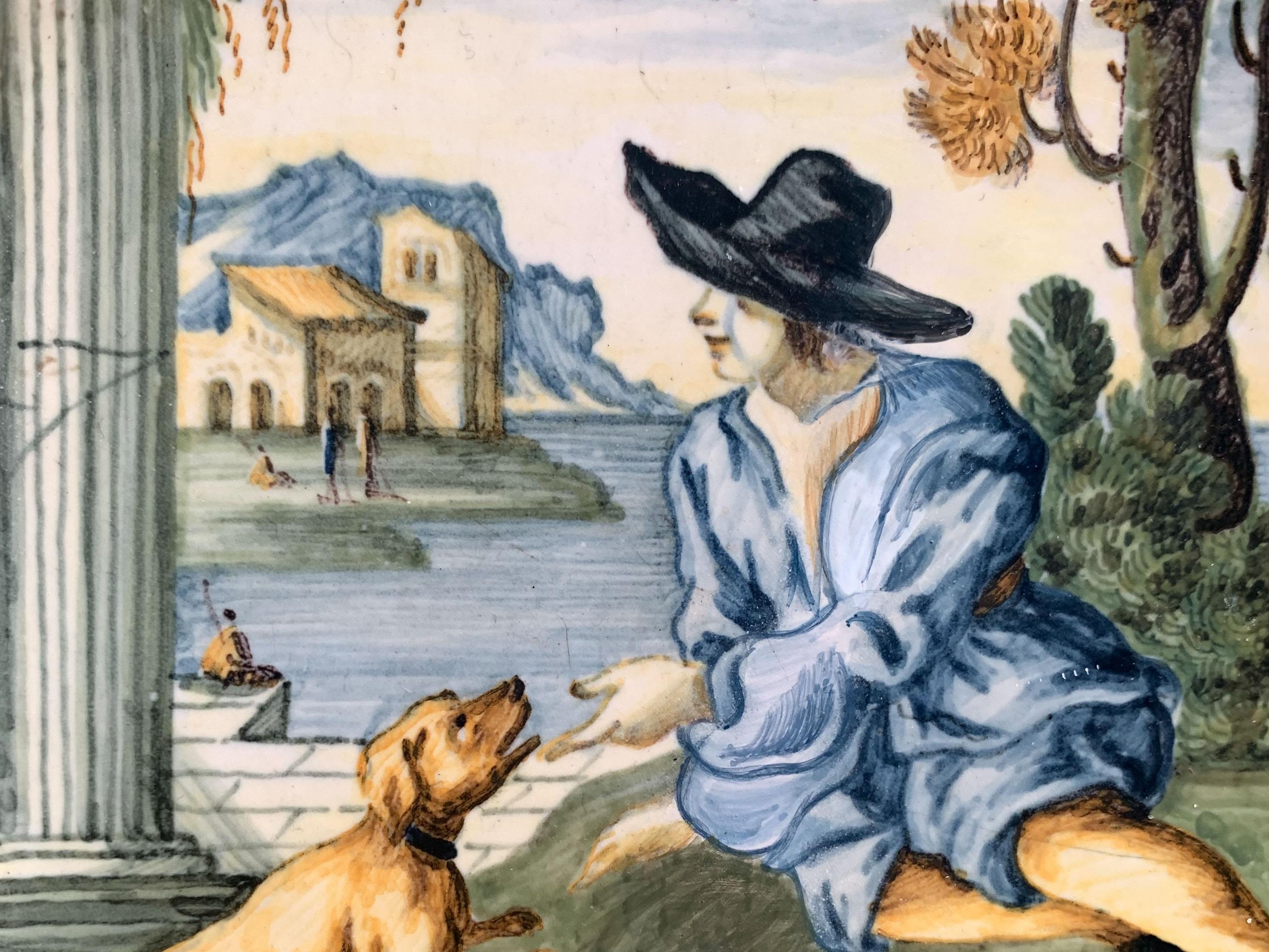 Maiolica Plate by Castelli. Young man in black hat, dog and classical ruins. im Angebot 2