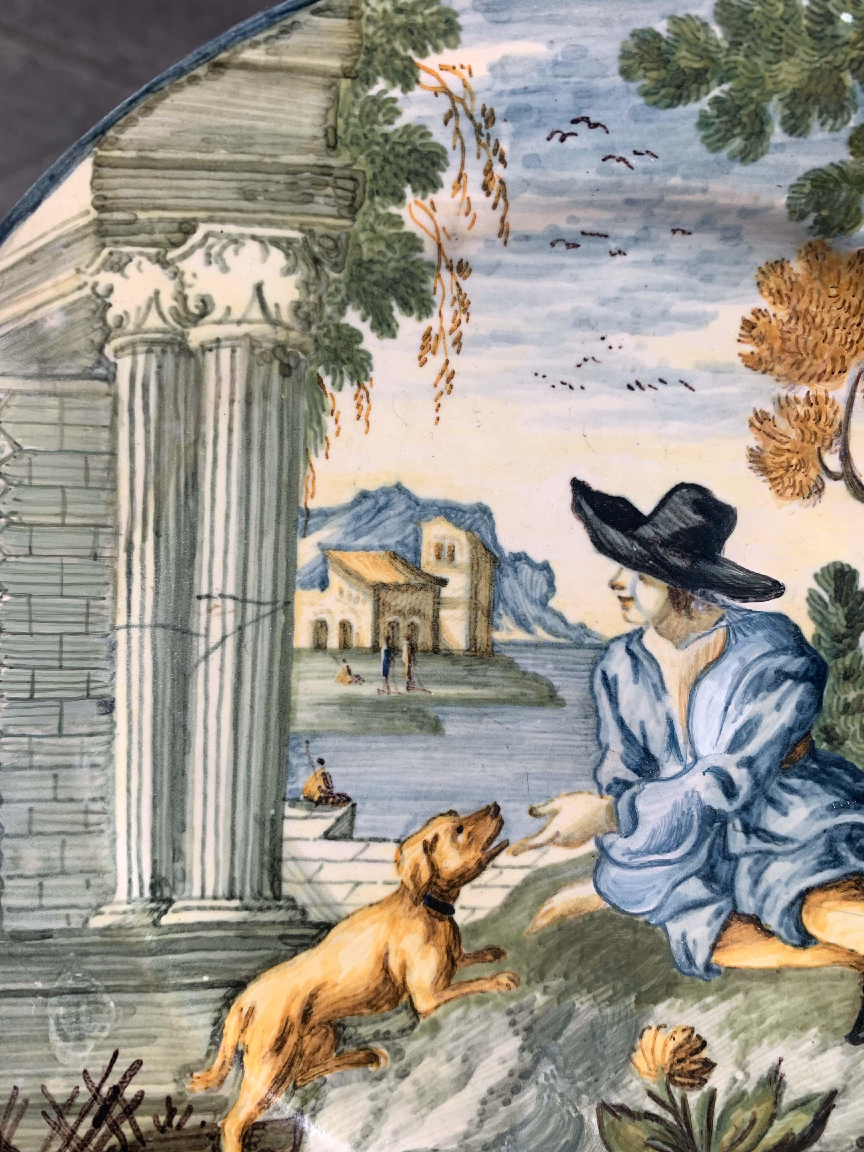 Maiolica Plate by Castelli. Young man in black hat, dog and classical ruins. im Angebot 3
