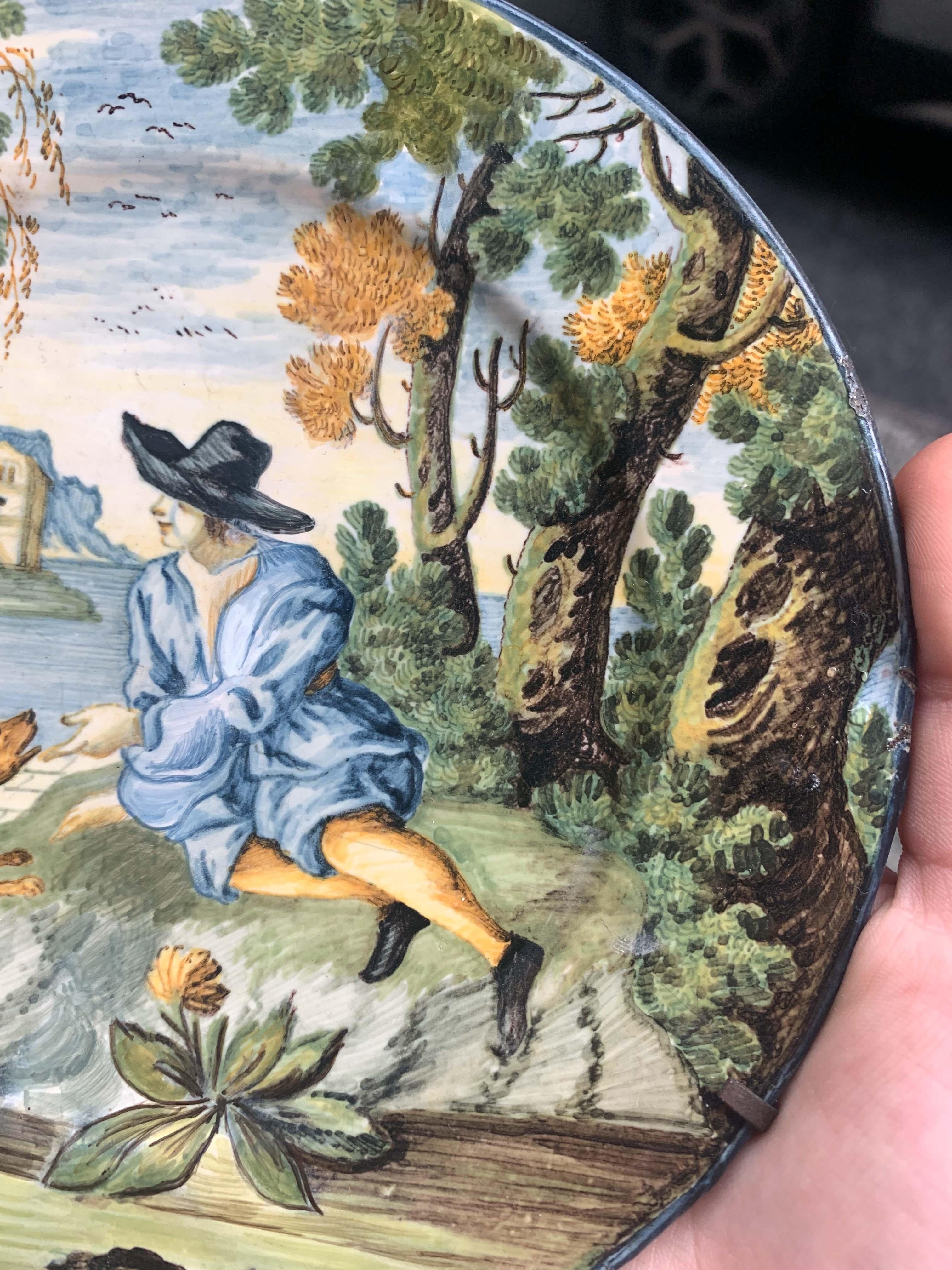 Maiolica Plate by Castelli. Young man in black hat, dog and classical ruins. im Angebot 5