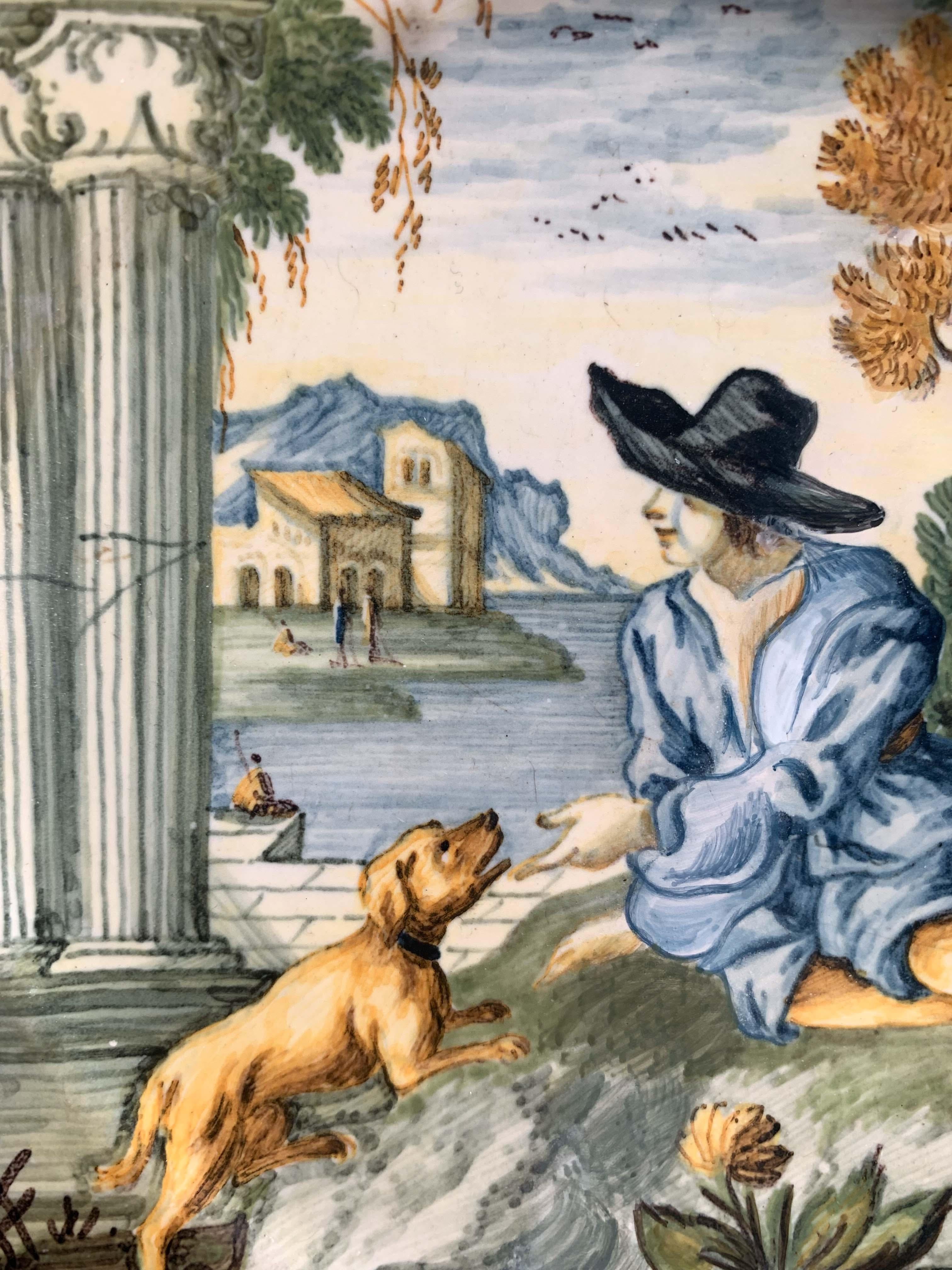 Maiolica Plate by Castelli. Young man in black hat, dog and classical ruins. im Angebot 6