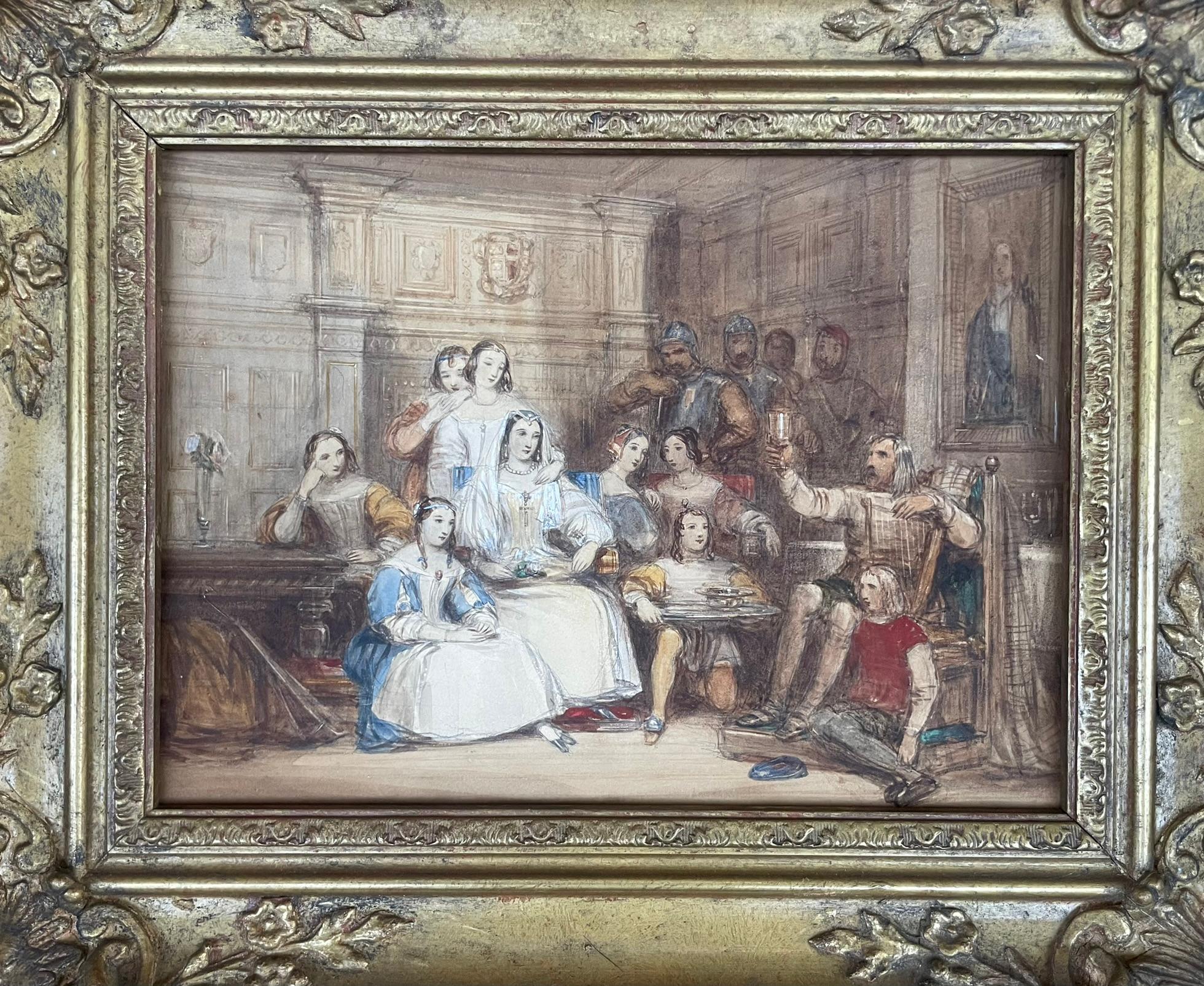 Victorian English Watercolour, Romantic Historical Scene (King Lear?) by Cattermole 

Watercolour on paper 29 × 22 cm (without frame), 35 × 43 cm (with frame) 
Gilt frame from the mid-19th century 

On the back of the frame there is an old