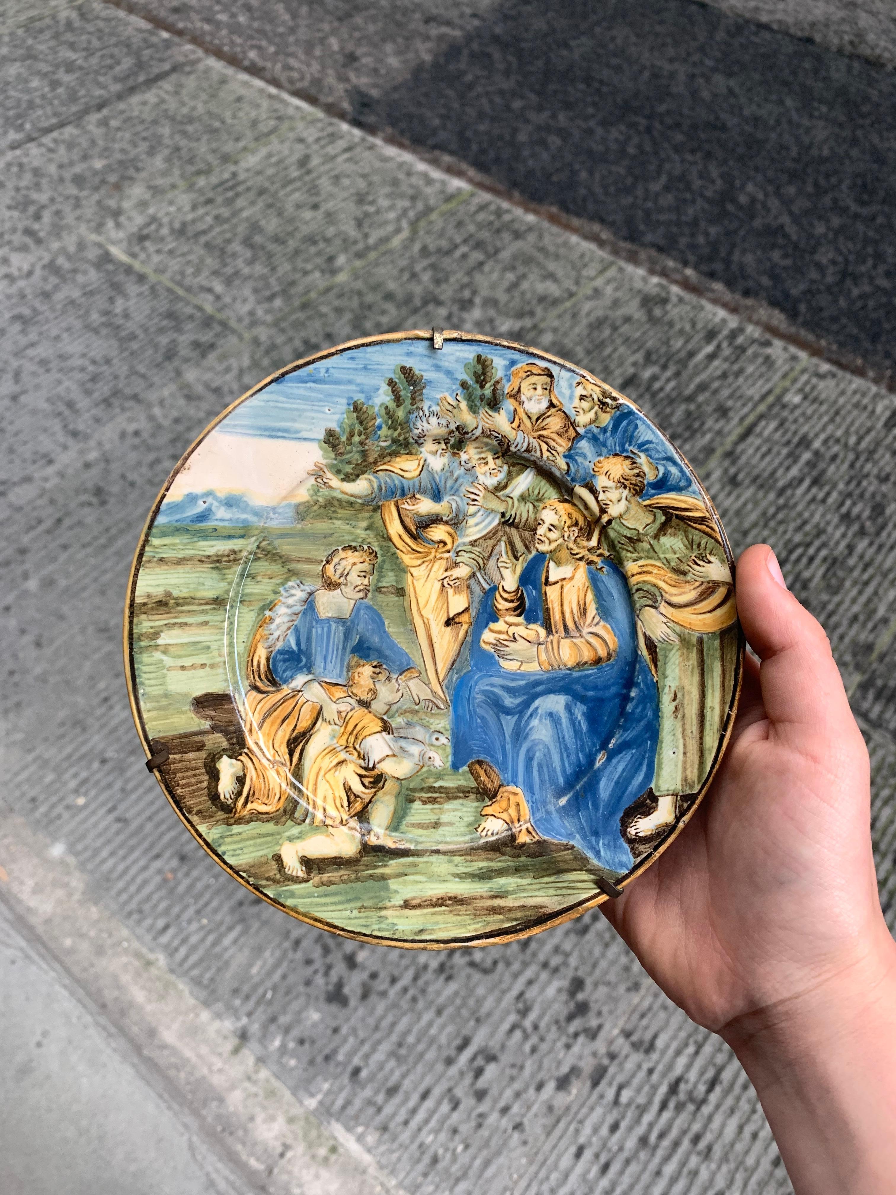 Majolica Plate by Castelli. The Miracle Of The Loaves And Fishes. 18 century - Italian School Art by Unknown