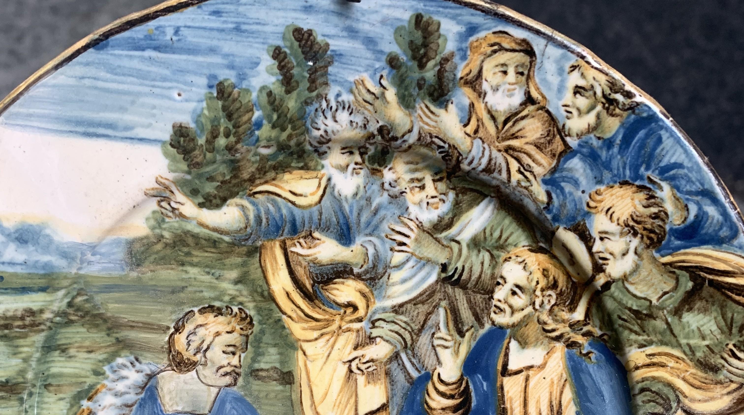 Majolica Plate by Castelli. The Miracle Of The Loaves And Fishes. 18 century For Sale 5