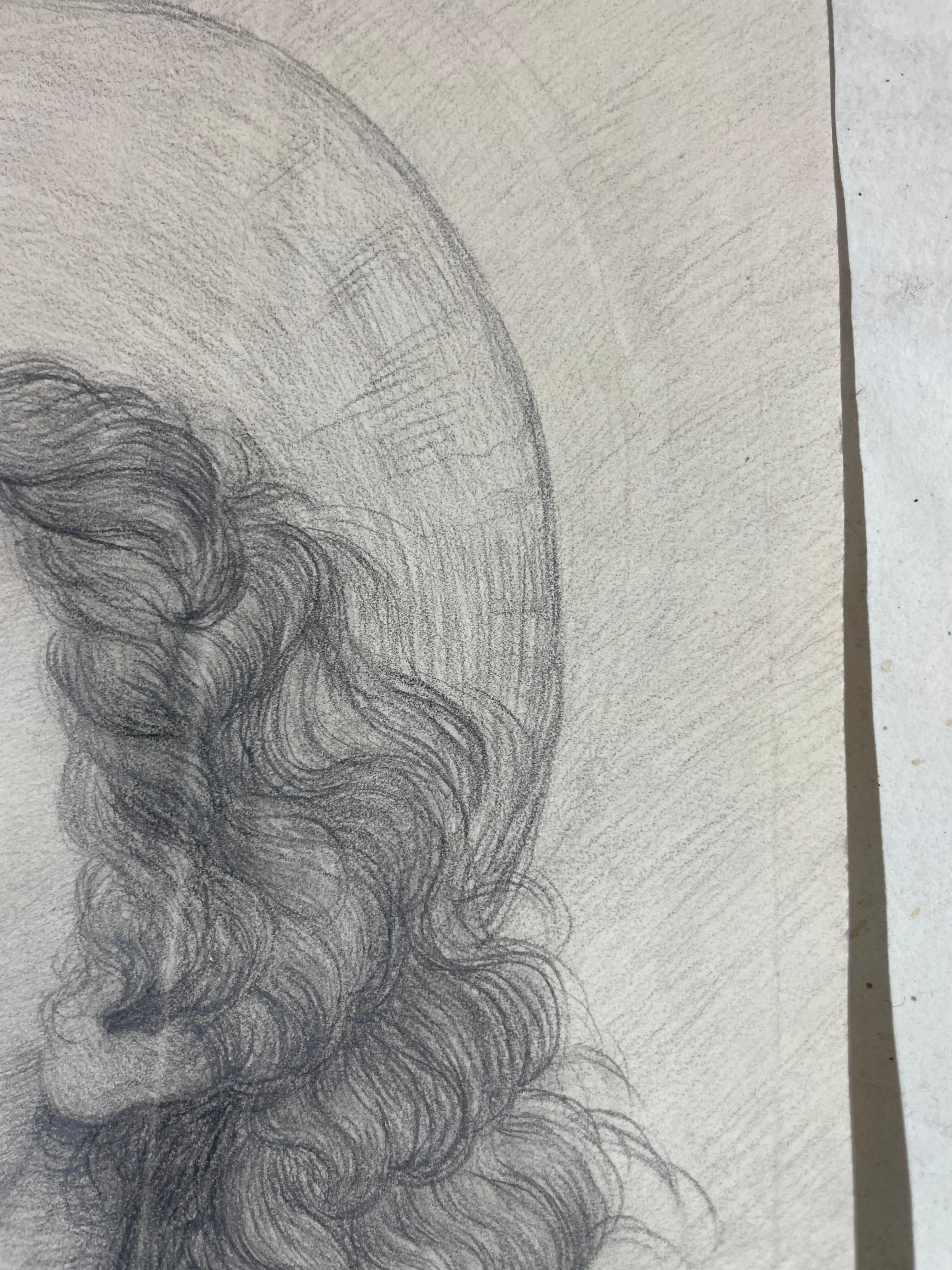 Tête avec halo, étude académique inspirée de Pérugin, école toscane, 40 × 28 cm
Milieu du XIXe siècle
Crayon sur papier

Dessin académique représentant une tête jeune avec une auréole et un regard vers le haut. L'œuvre s'inspire d'un modèle de
