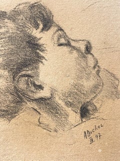 Portrait Drawing on Paper, Anja Decker, Late 1950s, Signed, 25x29 cm