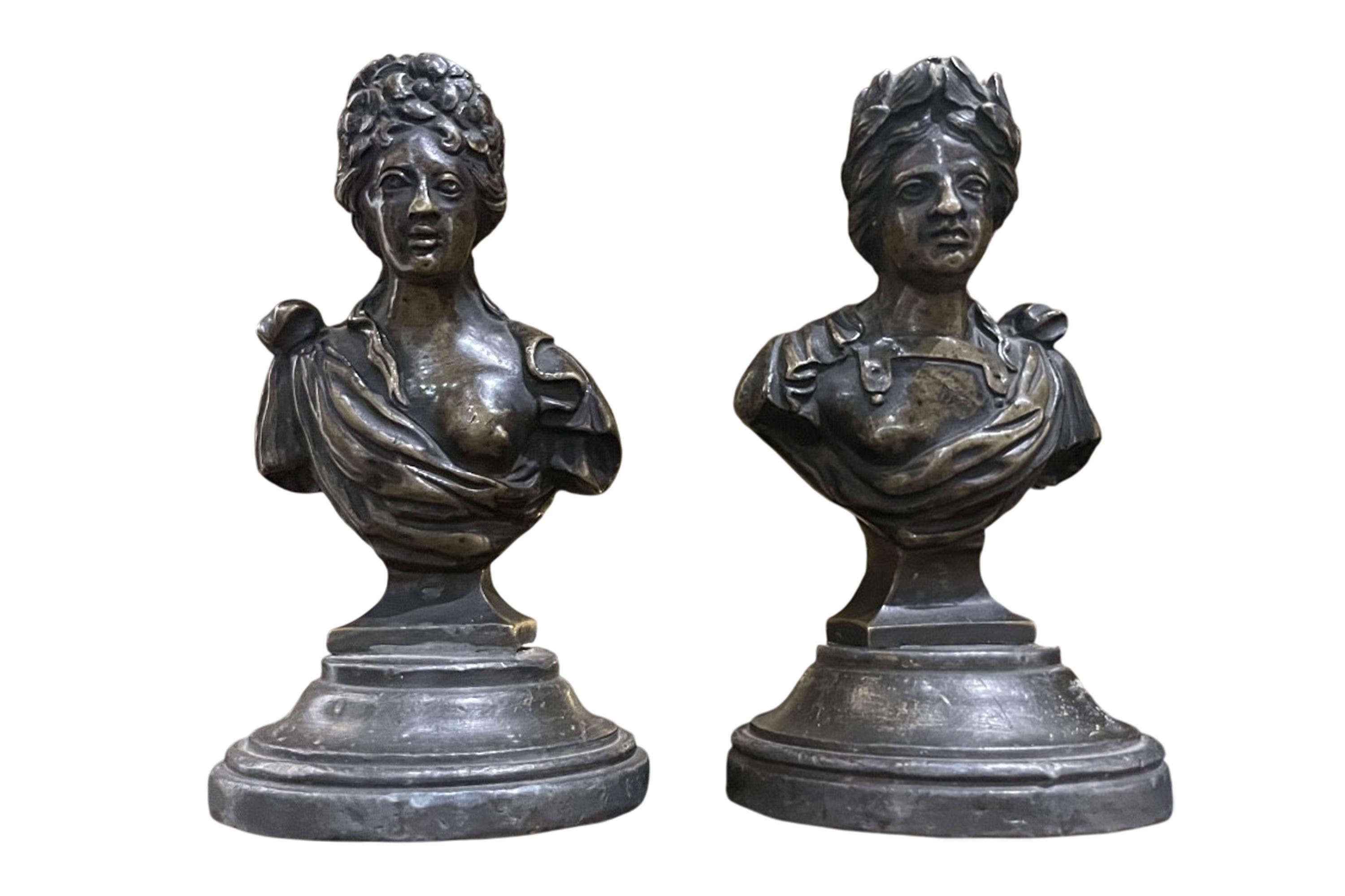 Pair of Bronze Busts, Antique Furniture Handles, 18th / 19th Century