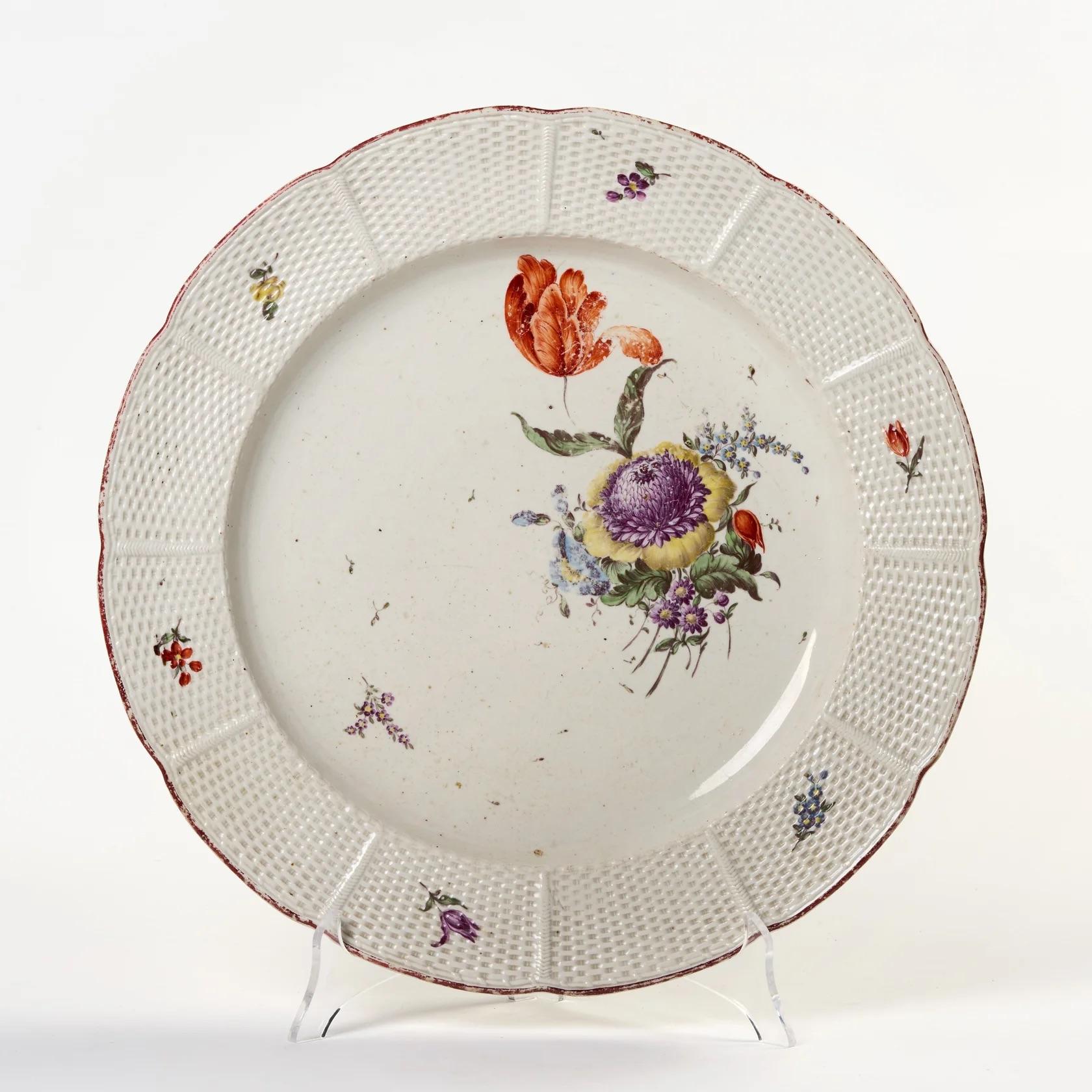 Frankenthal Porcelain Plate. 18th Century Floral Decoration with Woven Relief - Art by Unknown