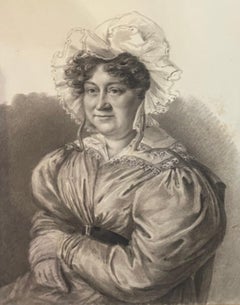 Dessin au fusain du XIXe siècle — Portrait d'une dame en robe à manches bouffantes et bonnet de dentelle