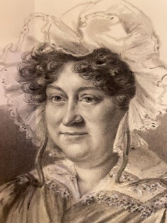 Dessin au fusain du XIXe siècle — Portrait d'une dame en robe à manches bouffantes et bonnet de dentelle