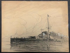 Deux dessins à l'encre représentant des cuirassés en mer – Pierre Leconte (1894–1946)
