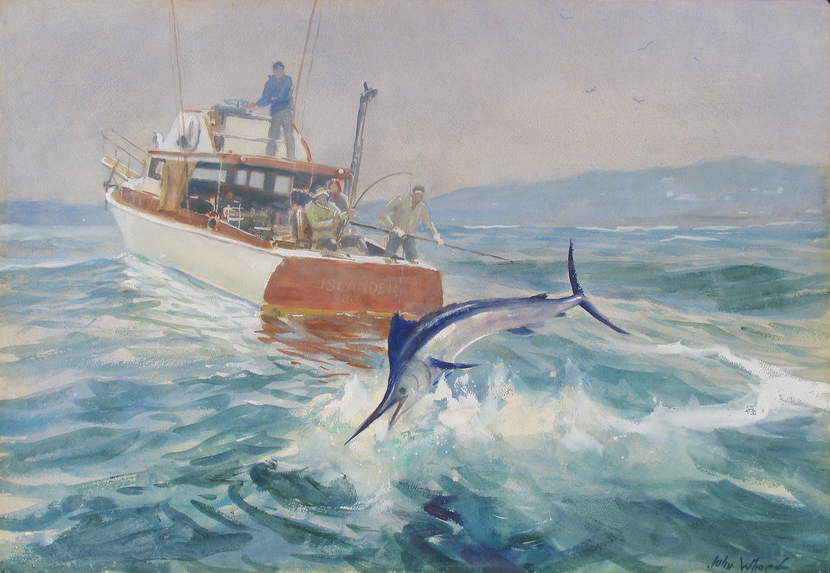 John Whorf captures one of the thrilling moments of fishing in this watercolor – when the fish is on the line, but still trying to escape. One of the fastest fish in the world, marlin fishing is an exhilarating sport for anglers. 

Leaping Marlin