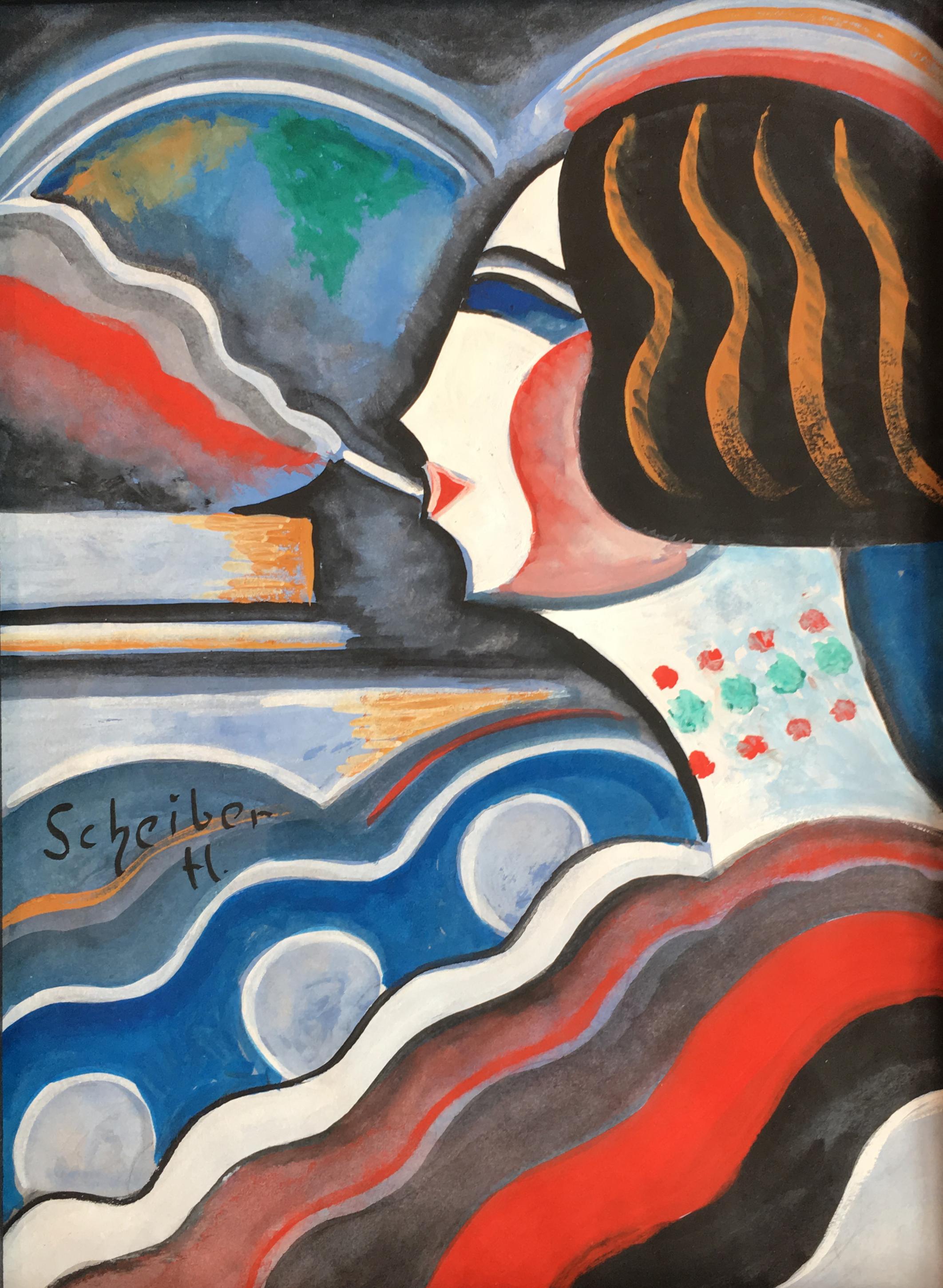 Untitled image of woman smoking by modernist painter Hugó Scheiber For Sale 1